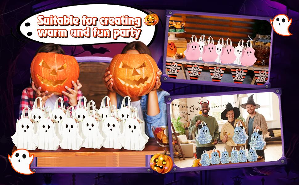 12/24 Pcs Halloween Ghost Candy Bags Paper Gift Bags with Handle Trick or Treat Bags with Cute Ghost Pastel Pink White Holographic Pattern, Snack Goodie Bags for Kids Adults Students Teachers, Halloween Birthday Baby Shower Classroom Party Favors Supplies