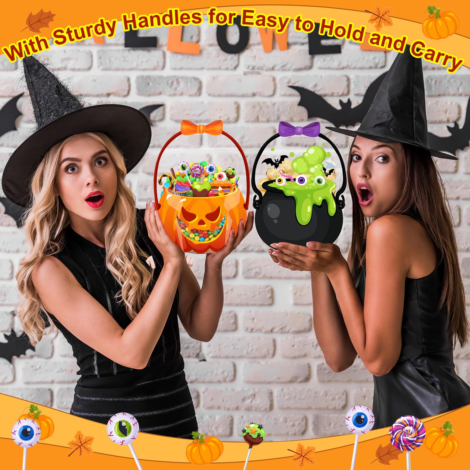 24/50 Pcs Halloween Goodie Bags Plastic Candy Bag Trick or Treat Bags with Cauldron Skeleton black Cat Skull Pumpkin Design,Treat Bags for Student Teacher Colleagues Neighbors,Classroom Snack Storage for Halloween Birthday Party Favor Supplies