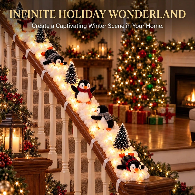 Penguin Christmas decoration displayed along a festive staircase