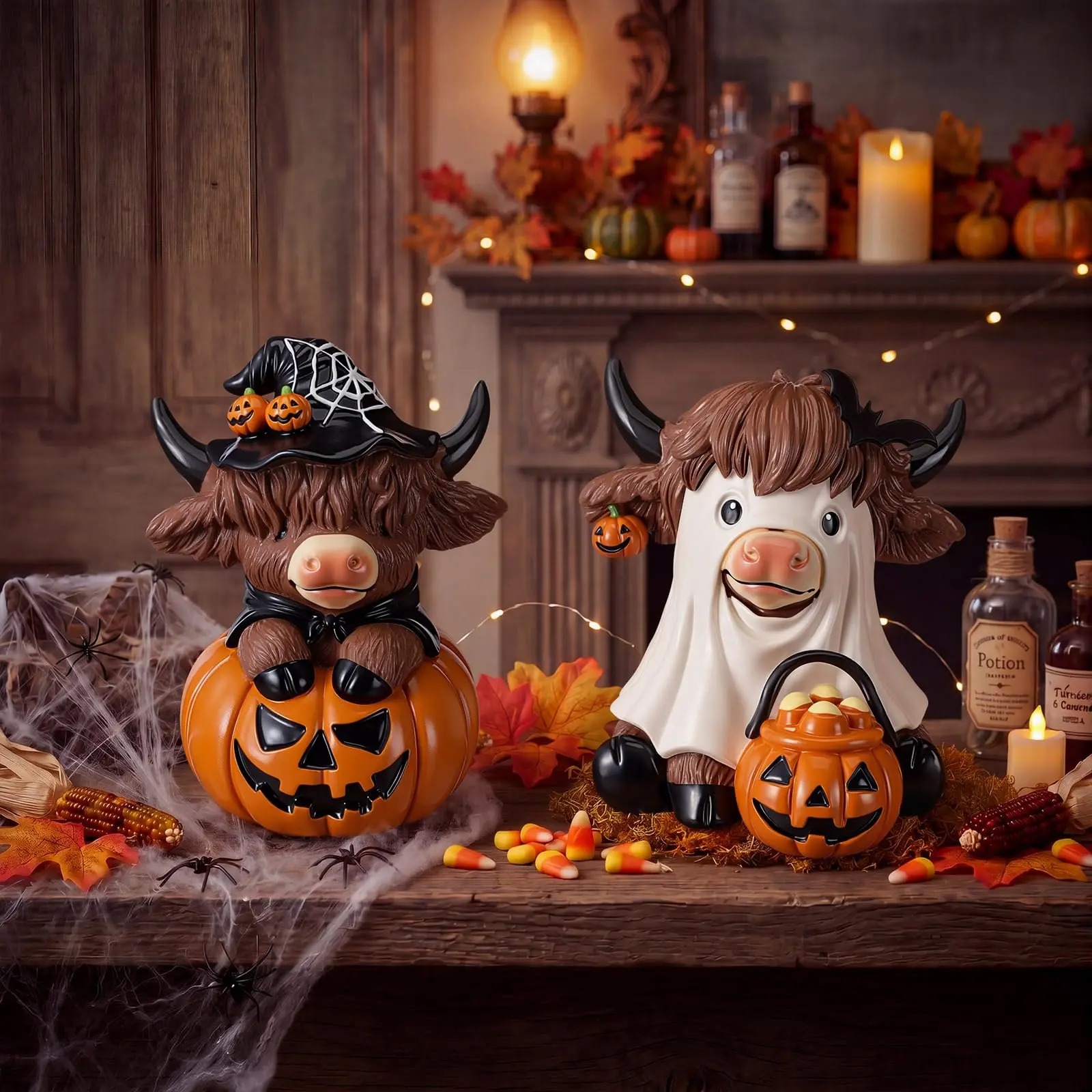 Halloween Highland Cow Statue Fall Cattle Figures 3D Highland Cattle Ornament Halloween Gift Christmas Gift Cute Decoration for Home, Halloween Party Season Decor, Housewarming Gift, Bathroom Decor, 2/3pcs