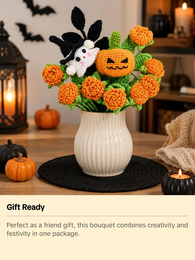 Handmade Crochet Flowers Bouquet Halloween Gift Pumpkin Ghost Bouquet Halloween Decor Gift for Her Friend Gift Forever Flowers Handmade Halloween Decoration