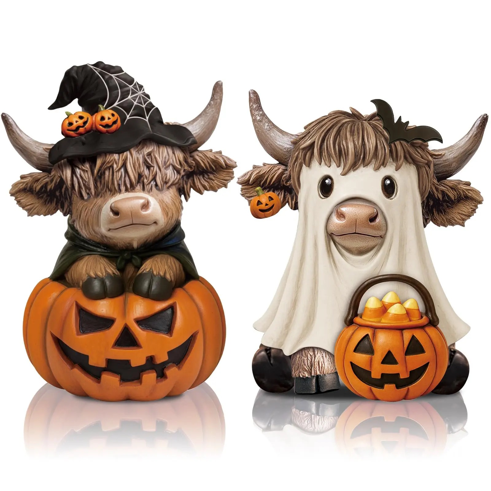 Halloween Highland Cow Statue Fall Cattle Figures 3D Highland Cattle Ornament Halloween Gift Christmas Gift Cute Decoration for Home, Halloween Party Season Decor, Housewarming Gift, Bathroom Decor, 2/3pcs