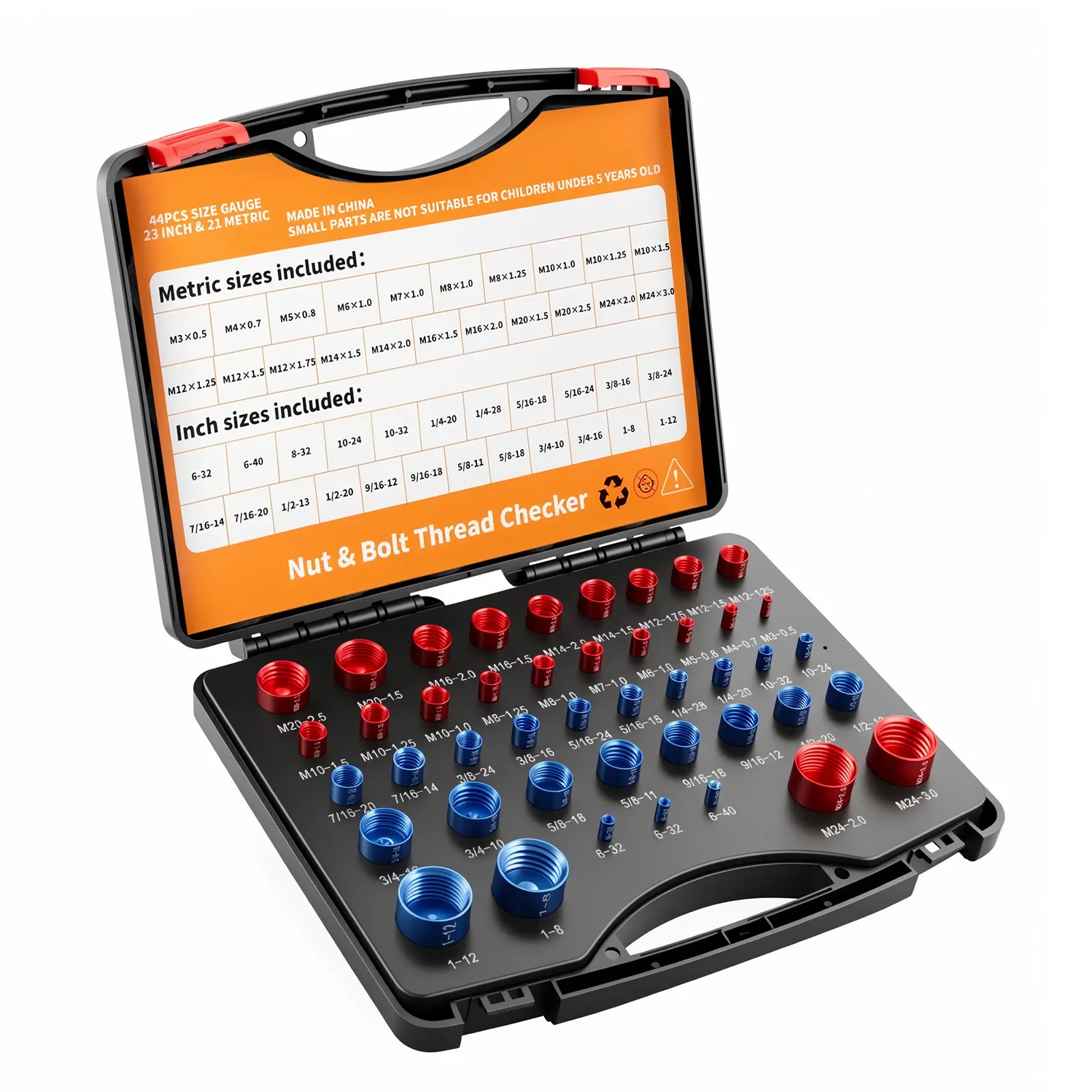 26/44PCS Nut and Bolt Thread Checker - Comprehensive Bolt Size and Thread Gauge Tool, Inch & Metric Sizes, with Handy Tool Box, Excellent for Home Garages and Car Repairs, Snapfixmate,