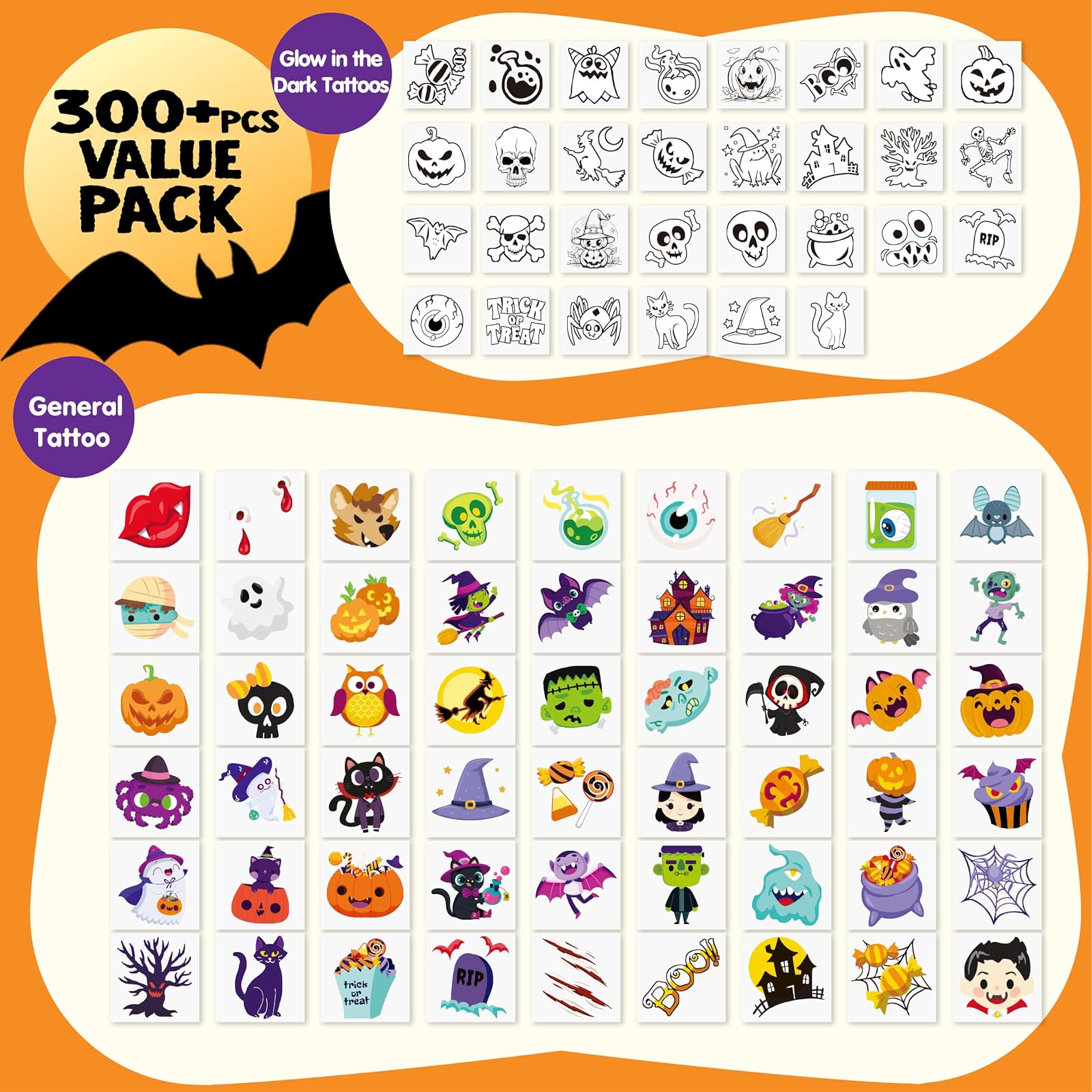 Halloween Tattoos for Kids, Glowing Temporary Tattoos in Assorted Designs Bulk for Child Trick or Treat Gifts Halloween Party Favor Decorations Goodie Bags Supplies Class Game Prizes