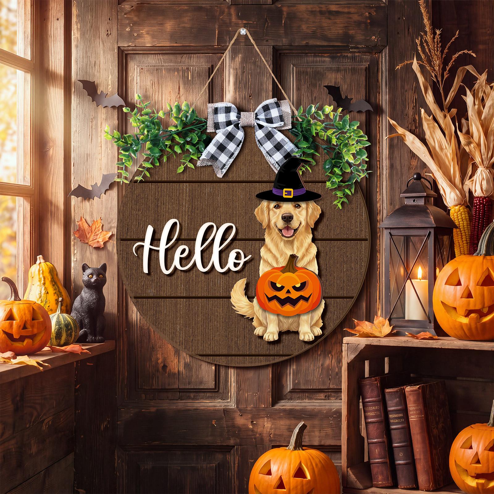Gejoy Halloween Cat Sign Interchangeable Welcome Sign Cute Cat and Dog Season Hanging Decor with Magnetic Detachable Hats Round Hanger for Home Wall Garden Porch Door, Housewarming Gift, Gift for Animal Cat Lover