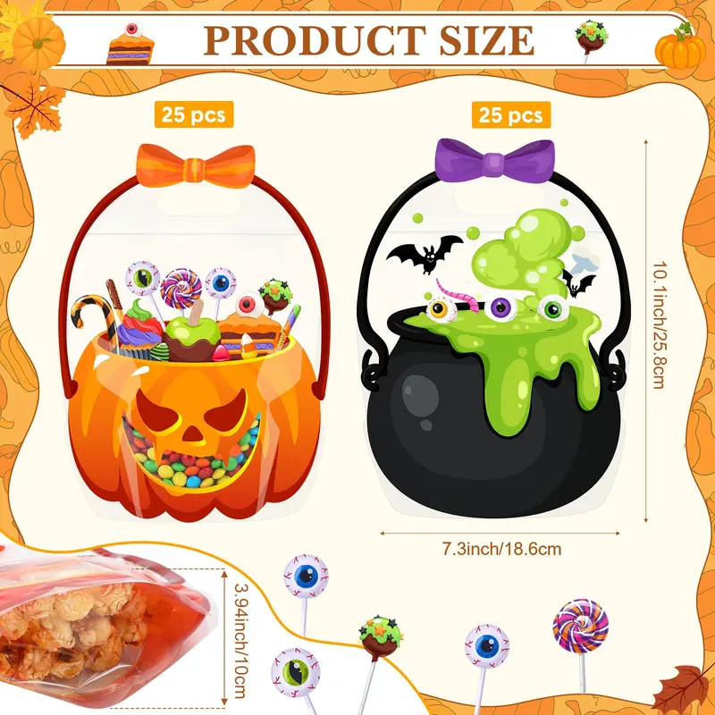 24/50 Pcs Halloween Goodie Bags Plastic Candy Bag Trick or Treat Bags with Cauldron Skeleton black Cat Skull Pumpkin Design,Treat Bags for Student Teacher Colleagues Neighbors,Classroom Snack Storage for Halloween Birthday Party Favor Supplies