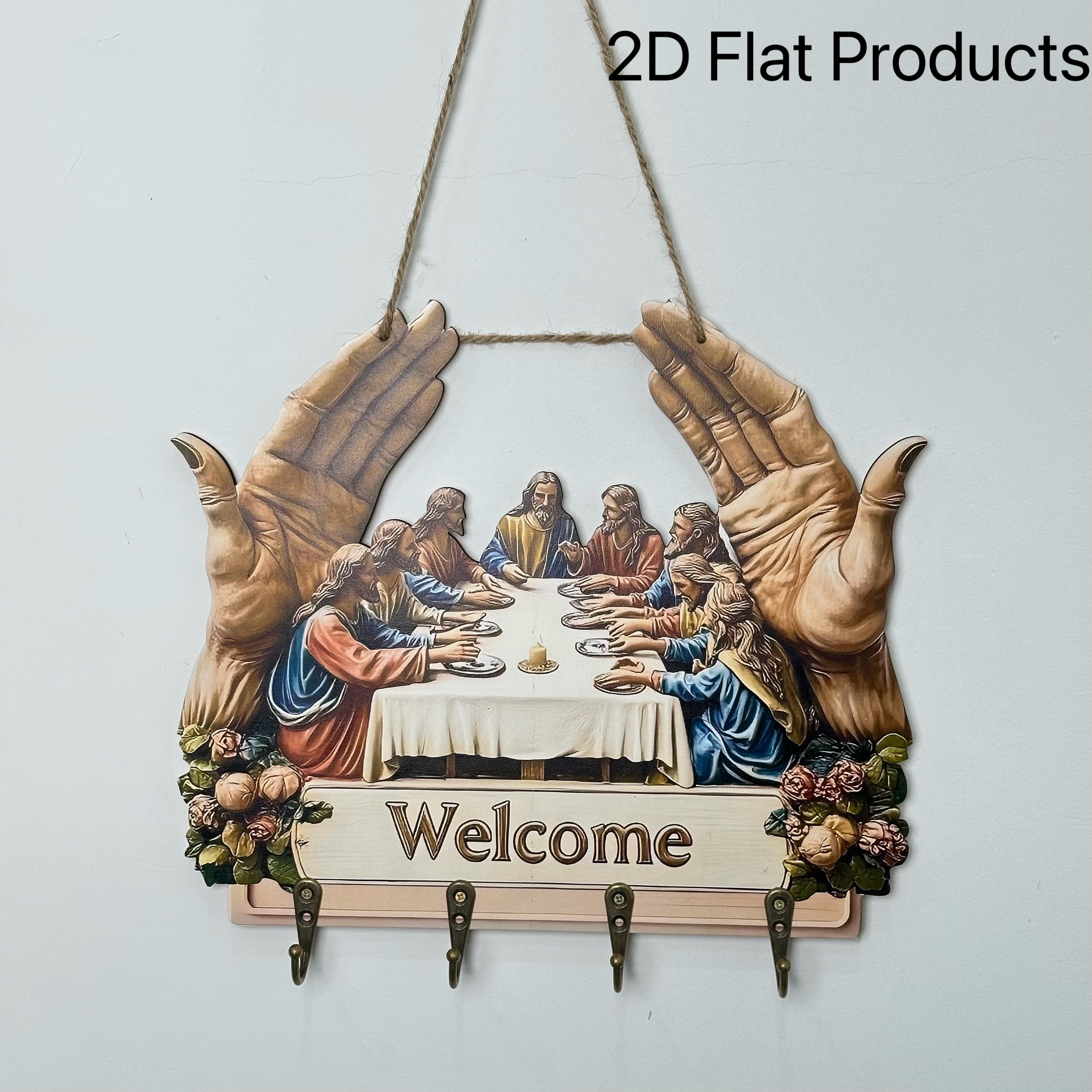 Flat Jesus and Disciples Wall Art Keychain 1 Piece Pack, Exquisite Religious Design with Four Metal Hooks, 10.4"x11.8" Artificial Wood & Metal Frame, Porch Welcome Sign, Farmhouse Style Seasonal Home Decor, Intricate Craftsmanship,gift Father's Day Gift s