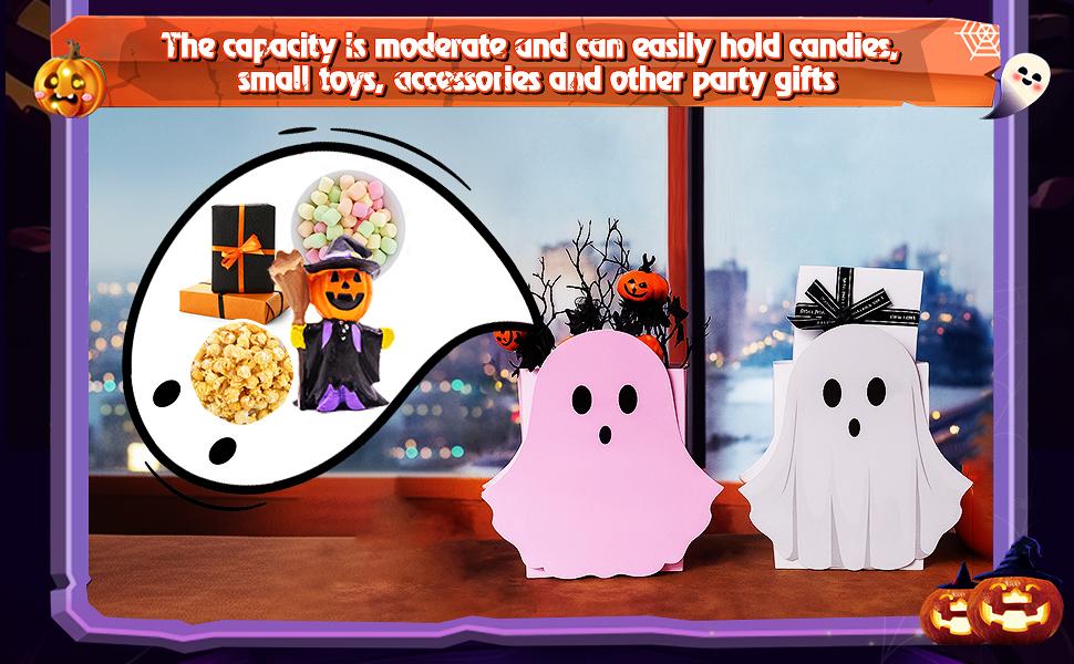 12/24 Pcs Halloween Ghost Candy Bags Paper Gift Bags with Handle Trick or Treat Bags with Cute Ghost Pastel Pink White Holographic Pattern, Snack Goodie Bags for Kids Adults Students Teachers, Halloween Birthday Baby Shower Classroom Party Favors Supplies