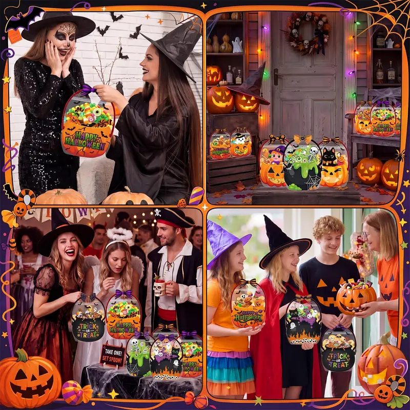 24/50 Pcs Halloween Goodie Bags Plastic Candy Bag Trick or Treat Bags with Cauldron Skeleton black Cat Skull Pumpkin Design,Treat Bags for Student Teacher Colleagues Neighbors,Classroom Snack Storage for Halloween Birthday Party Favor Supplies