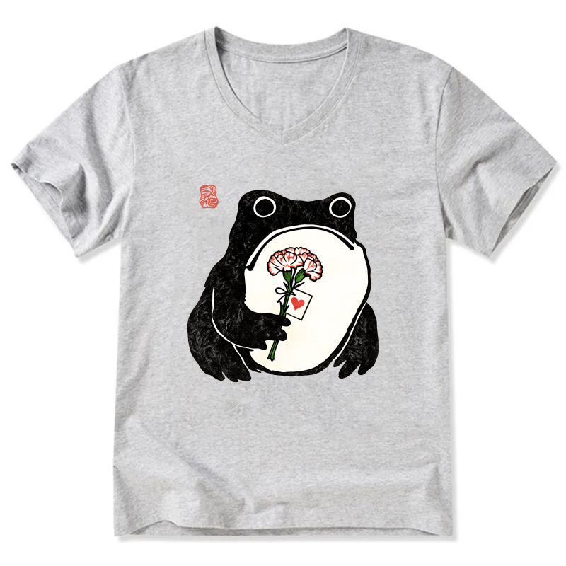 Frog Holding Rose Card T Shirt Black Design Cute Animal Graphic Tees