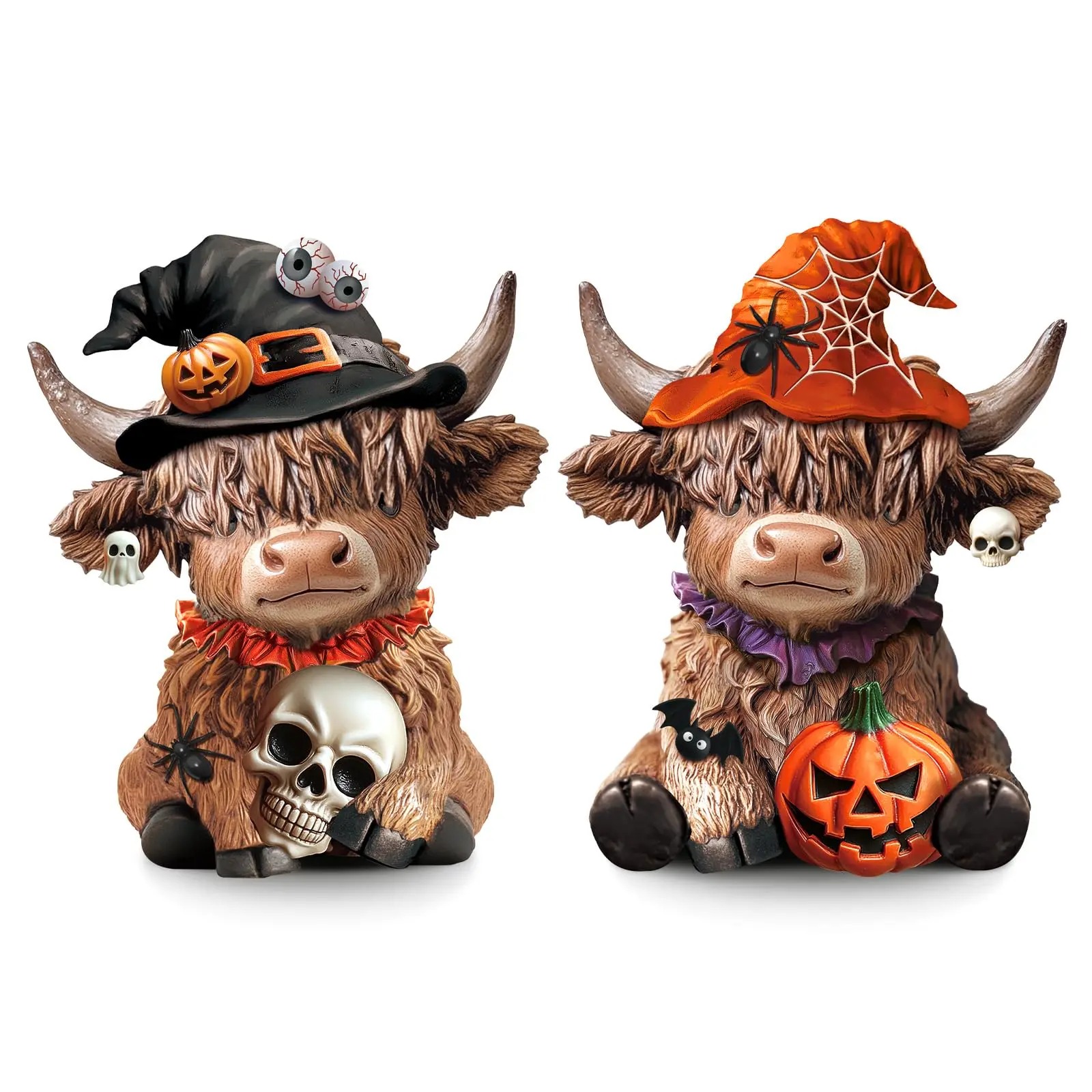 Halloween Highland Cow Statue Fall Cattle Figures 3D Highland Cattle Ornament Halloween Gift Christmas Gift Cute Decoration for Home, Halloween Party Season Decor, Housewarming Gift, Bathroom Decor, 2/3pcs