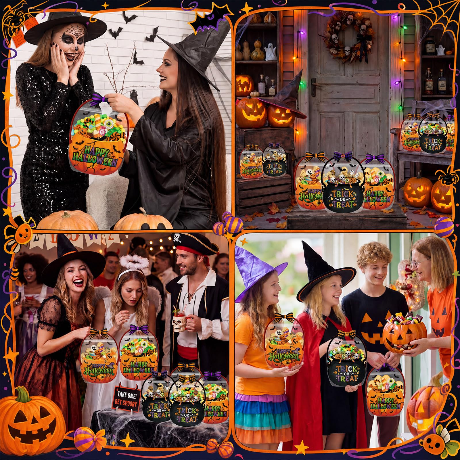 24/50 Pcs Halloween Goodie Bags Plastic Candy Bag Trick or Treat Bags with Cauldron Skeleton black Cat Skull Pumpkin Design,Treat Bags for Student Teacher Colleagues Neighbors,Classroom Snack Storage for Halloween Birthday Party Favor Supplies