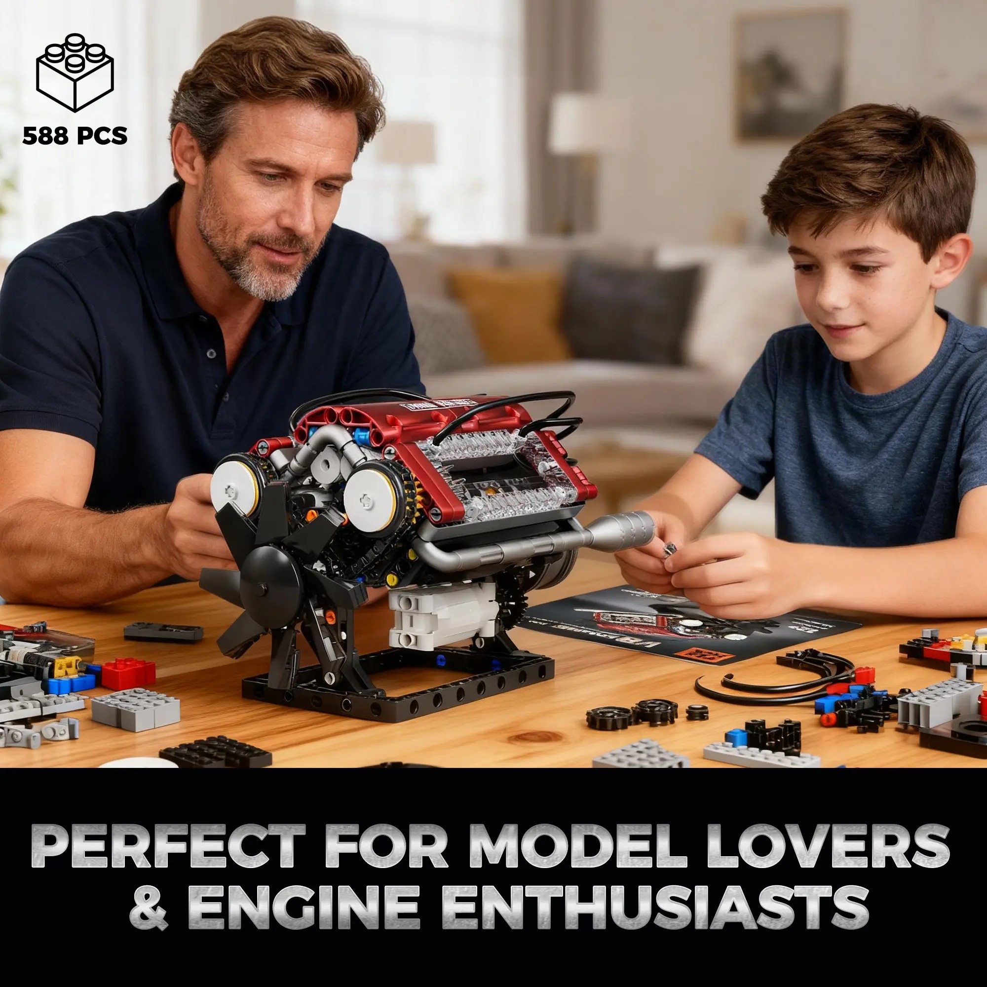 V8 Engine Model Kit, Buildable Blocks Kit with Moving Parts, Collectible Construction Set for Hands-On Learning, Ages 5+ Desktop Toy Gift for Car Lovers (Requires Assembly)