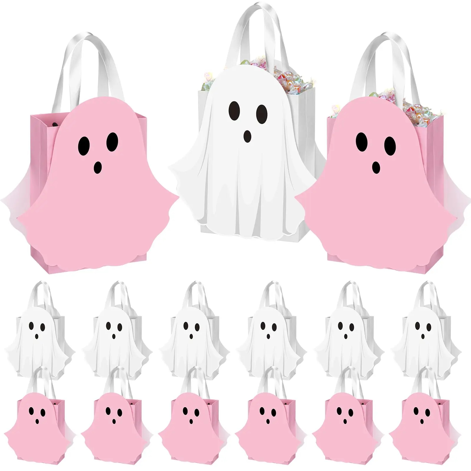 12/24 Pcs Halloween Ghost Candy Bags Paper Gift Bags with Handle Trick or Treat Bags with Cute Ghost Pastel Pink White Holographic Pattern, Snack Goodie Bags for Kids Adults Students Teachers, Halloween Birthday Baby Shower Classroom Party Favors Supplies