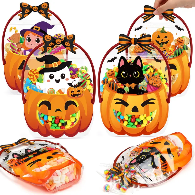 24/50 Pcs Halloween Goodie Bags Plastic Candy Bag Trick or Treat Bags with Cauldron Skeleton black Cat Skull Pumpkin Design,Treat Bags for Student Teacher Colleagues Neighbors,Classroom Snack Storage for Halloween Birthday Party Favor Supplies