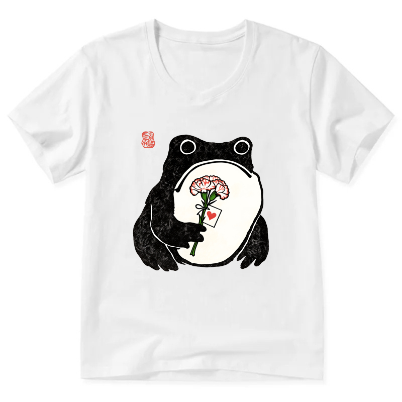 Frog Holding Rose Card T Shirt Black Design Cute Animal Graphic Tees