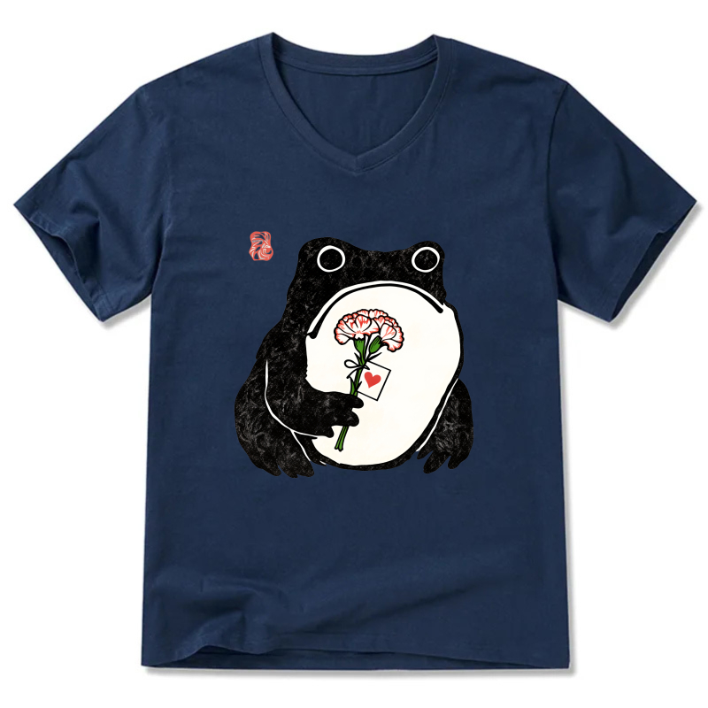Frog Holding Rose Card T Shirt Black Design Cute Animal Graphic Tees