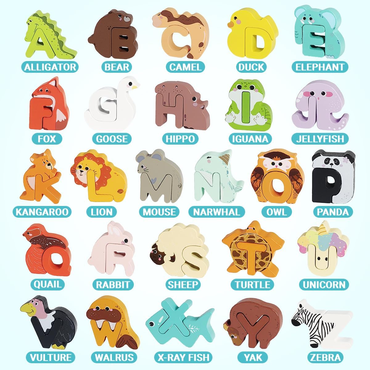 52-Piece Wooden Alphabet Animal Matching Puzzle Set for Toddlers, STEM Montessori Puzzle, ABC Peg Puzzles for Kids Ages 3-5, Preschool Learning Toy for Shape Recognition