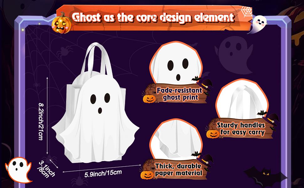 12/24 Pcs Halloween Ghost Candy Bags Paper Gift Bags with Handle Trick or Treat Bags with Cute Ghost Pastel Pink White Holographic Pattern, Snack Goodie Bags for Kids Adults Students Teachers, Halloween Birthday Baby Shower Classroom Party Favors Supplies