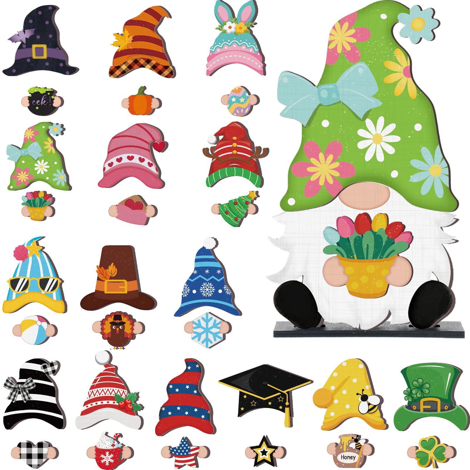Gejoy Gnome Sign Halloween Gnome Interchangeable Desk Decor with Magnet Accessories Gnome Wooden Sign for Summer Holiday Seasonal Halloween Christmas Party Office Home Living Room Gift for Gnome Lovers, Halloween Gift