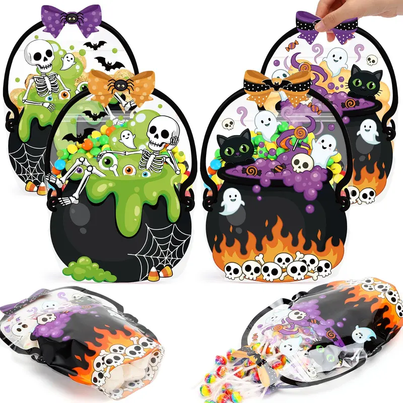 24/50 Pcs Halloween Goodie Bags Plastic Candy Bag Trick or Treat Bags with Cauldron Skeleton black Cat Skull Pumpkin Design,Treat Bags for Student Teacher Colleagues Neighbors,Classroom Snack Storage for Halloween Birthday Party Favor Supplies
