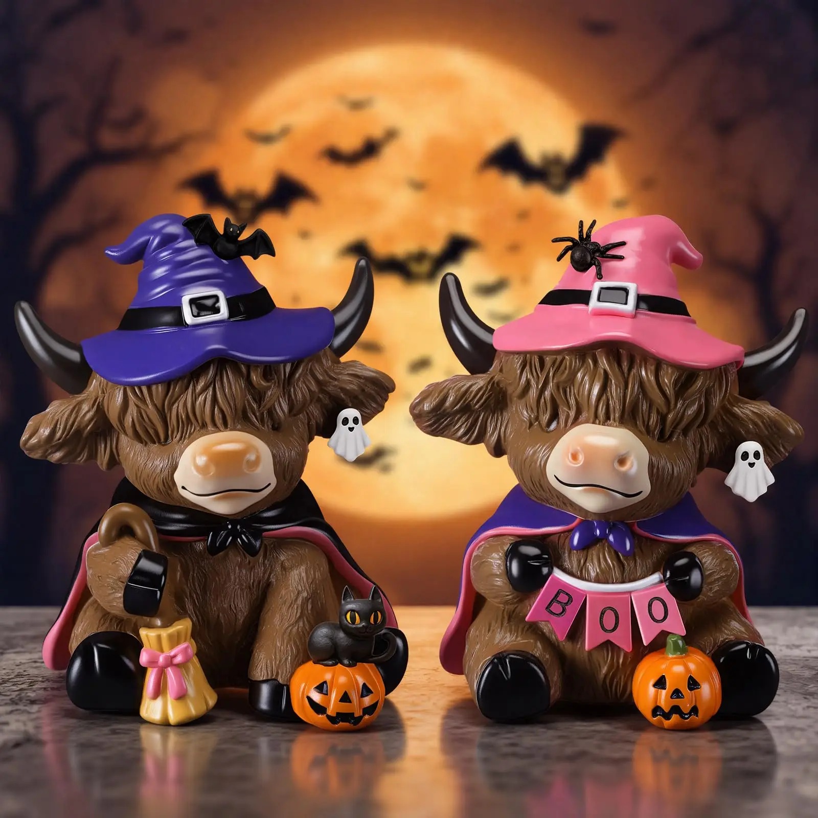 Halloween Highland Cow Statue Fall Cattle Figures 3D Highland Cattle Ornament Halloween Gift Christmas Gift Cute Decoration for Home, Halloween Party Season Decor, Housewarming Gift, Bathroom Decor, 2/3pcs