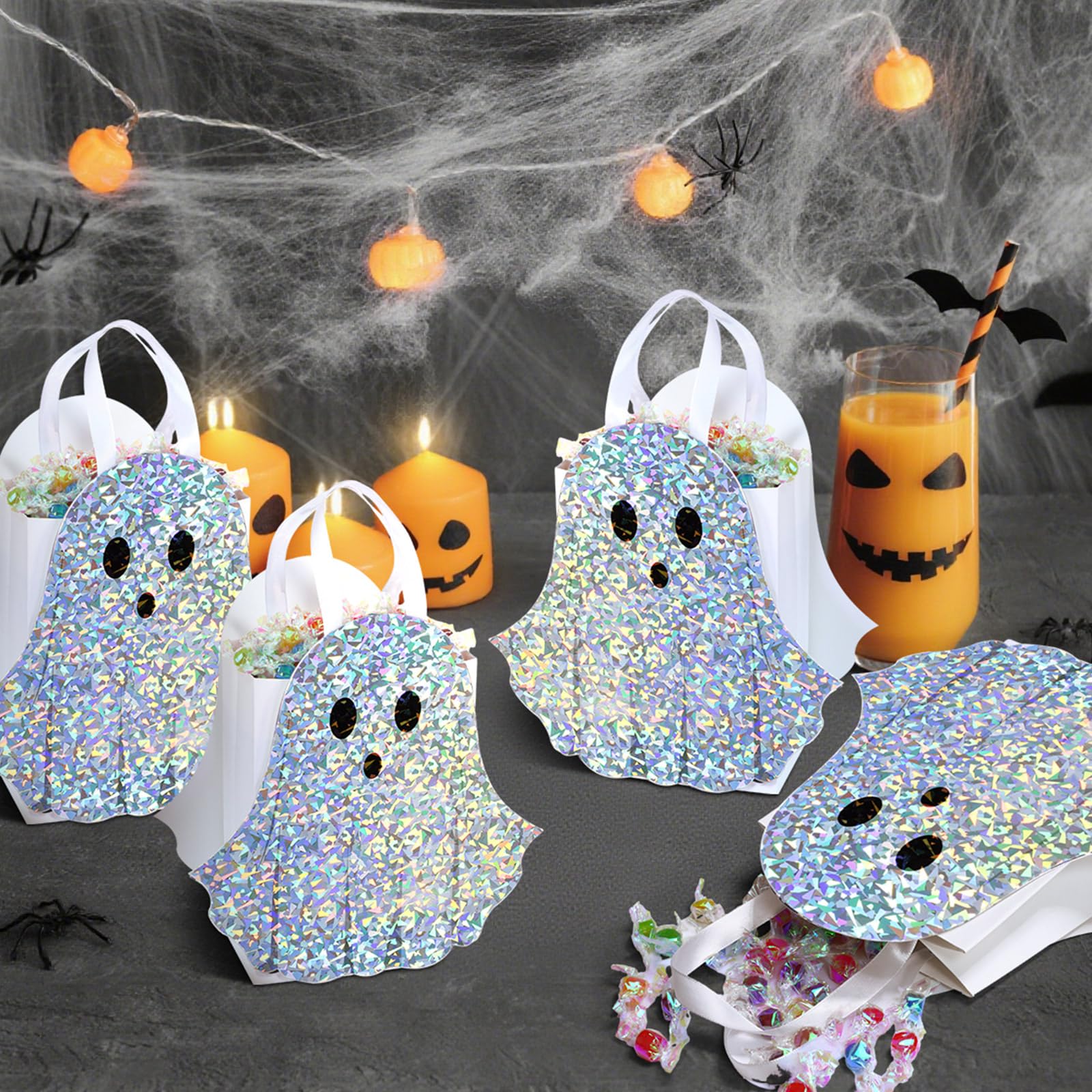 12/24 Pcs Halloween Ghost Candy Bags Paper Gift Bags with Handle Trick or Treat Bags with Cute Ghost Pastel Pink White Holographic Pattern, Snack Goodie Bags for Kids Adults Students Teachers, Halloween Birthday Baby Shower Classroom Party Favors Supplies