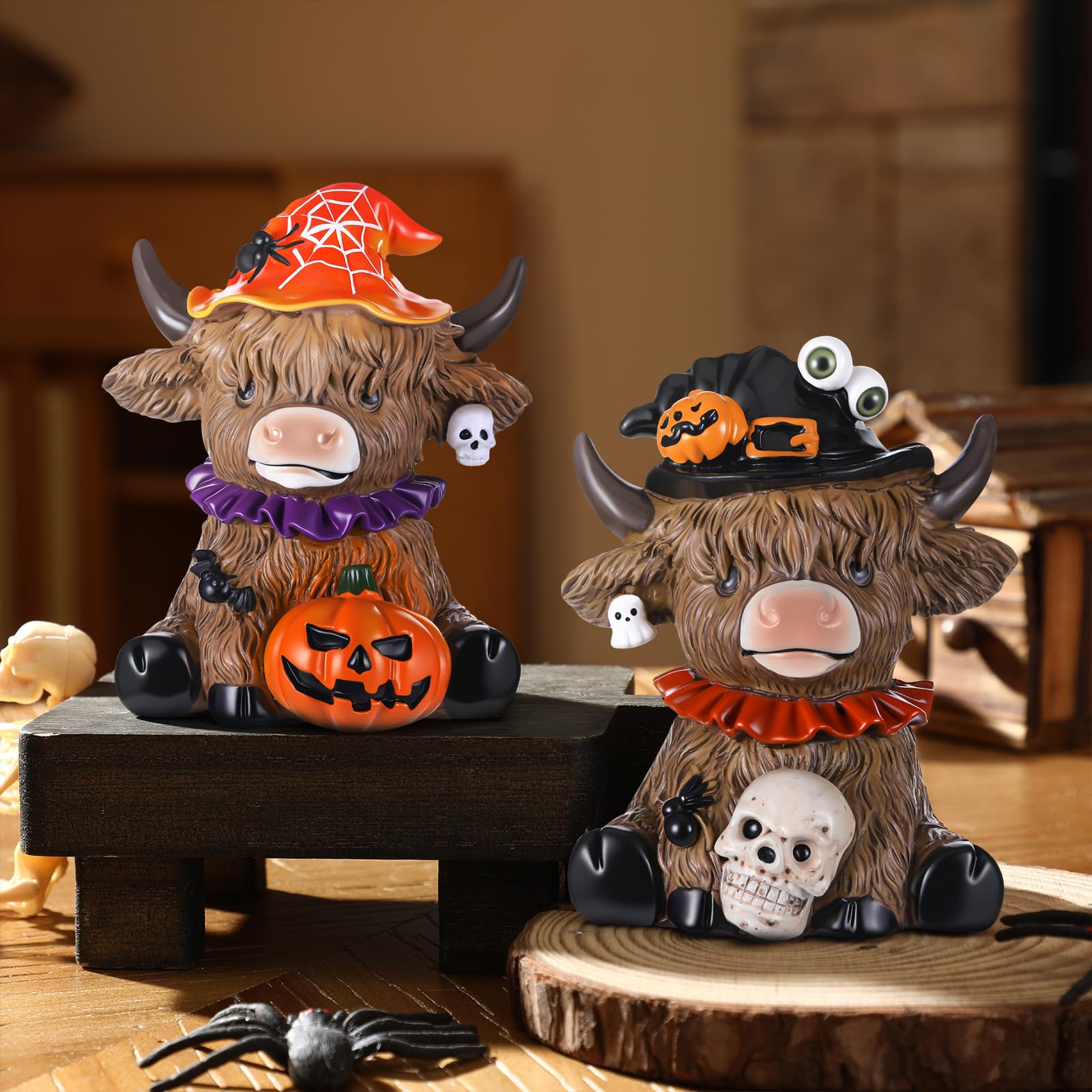 Gejoy Halloween Highland Cow Statue Fall Cattle Figures 3D Highland Cattle Ornament Halloween Gift Christmas Gift Cute Decoration for Home, Halloween Party Season Decor, Housewarming Gift, Bathroom Decor, 2/3pcs