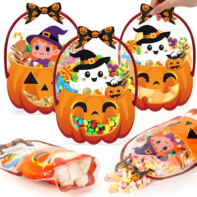 24/50 Pcs Halloween Goodie Bags Plastic Candy Bag Trick or Treat Bags with Cauldron Skeleton black Cat Skull Pumpkin Design,Treat Bags for Student Teacher Colleagues Neighbors,Classroom Snack Storage for Halloween Birthday Party Favor Supplies