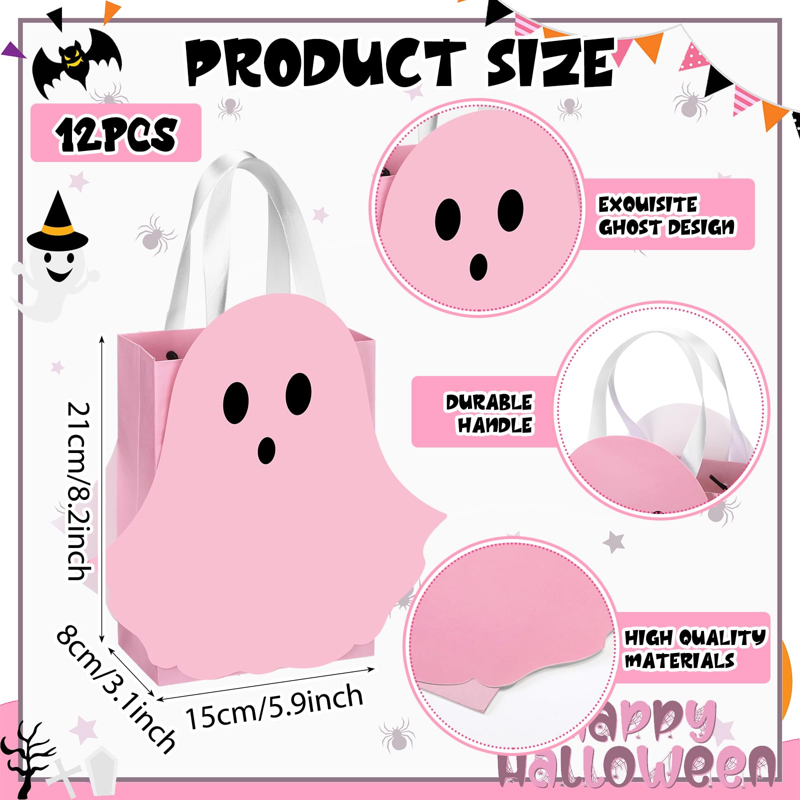 12/24 Pcs Halloween Ghost Candy Bags Paper Gift Bags with Handle Trick or Treat Bags with Cute Ghost Pastel Pink White Holographic Pattern, Snack Goodie Bags for Kids Adults Students Teachers, Halloween Birthday Baby Shower Classroom Party Favors Supplies 12/24 Pcs Halloween Ghost Candy Bags Paper Gift Bags with Handle Trick or Treat Bags with Cute Ghost Pastel Pink White Holographic Pattern, Snack Goodie Bags for Kids Adults Students Teachers, Halloween Birthday Baby Shower Classroom Party Favors Supplies