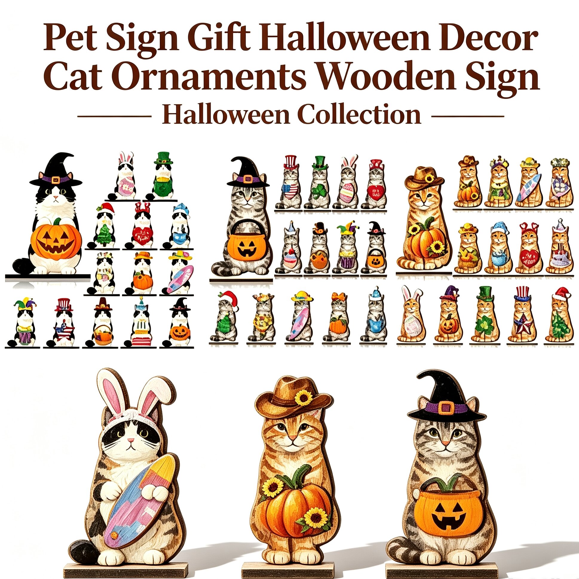 Pet Sign Gift Halloween Decor Cat Ornaments Wooden Sign Cat Desk Decor Interchangeable Pet Decor with Magnet Detachable Hats for Summer Halloween Autumn Holiday Seasonal Birthday Party, Gift for Pet Owning Families and Cat Lovers