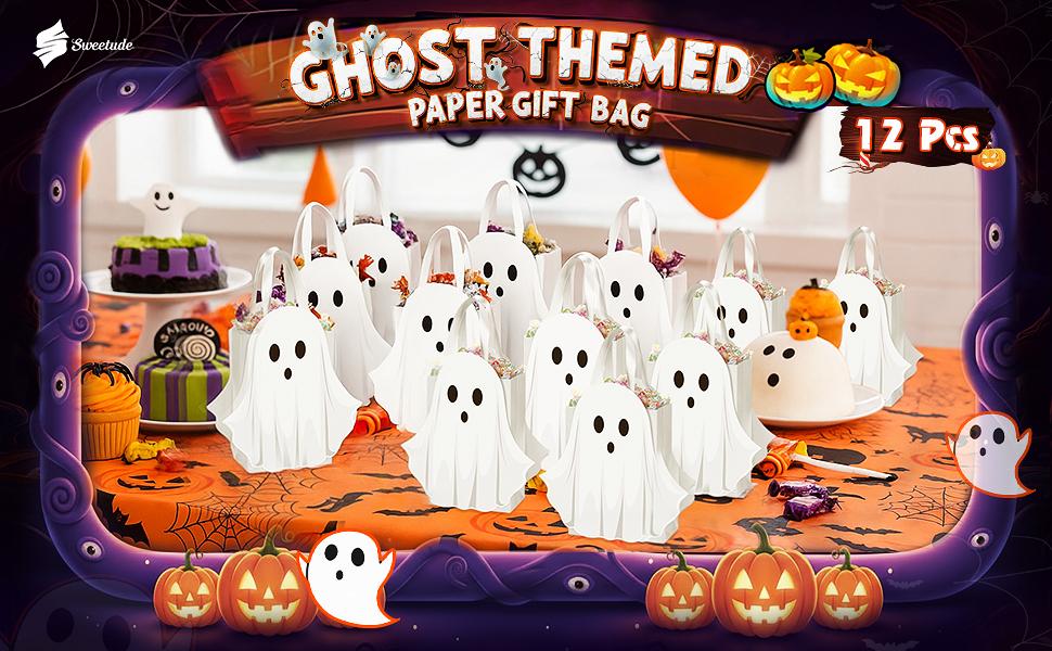 12/24 Pcs Halloween Ghost Candy Bags Paper Gift Bags with Handle Trick or Treat Bags with Cute Ghost Pastel Pink White Holographic Pattern, Snack Goodie Bags for Kids Adults Students Teachers, Halloween Birthday Baby Shower Classroom Party Favors Supplies