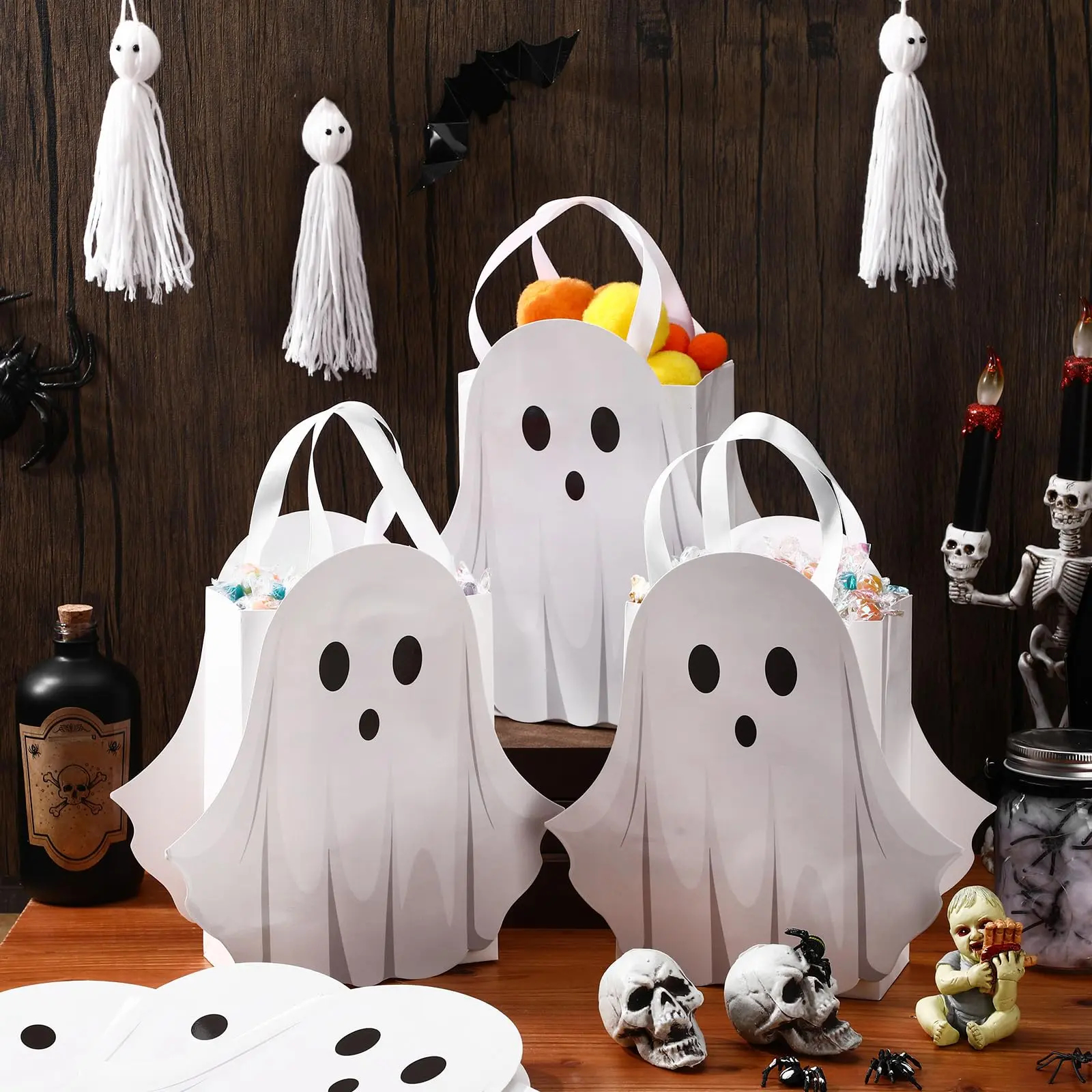 12/24 Pcs Halloween Ghost Candy Bags Paper Gift Bags with Handle Trick or Treat Bags with Cute Ghost Pastel Pink White Holographic Pattern, Snack Goodie Bags for Kids Adults Students Teachers, Halloween Birthday Baby Shower Classroom Party Favors Supplies