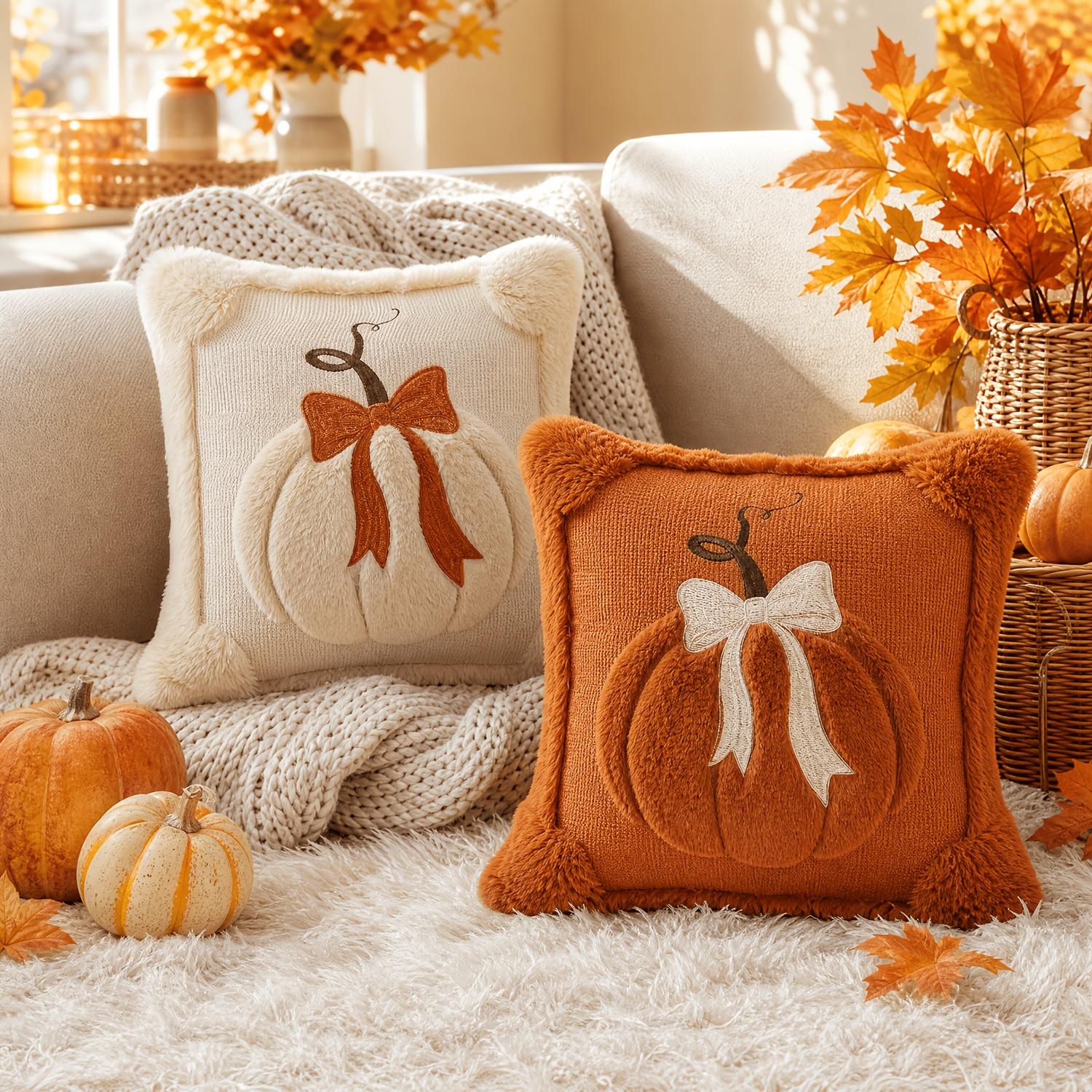 2-Pack Square 3D Jacquard Pumpkin Bow Cushion Covers, 18x18 in Home Replacement Options for Thanksgiving Farmhouse Decor (Covers Only)