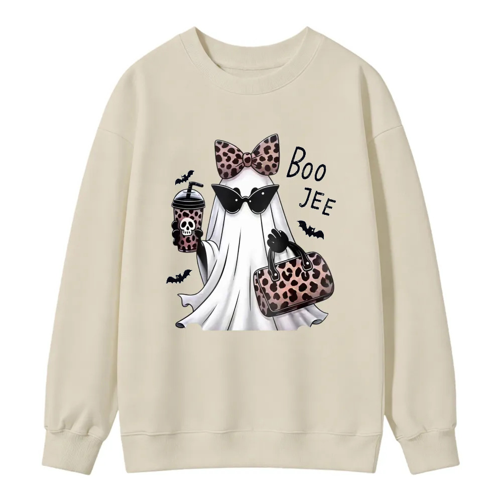Cute Ghost With Leopard Bow Sunglasses And Coffee Cup Boo Jee Halloween Graphic Sweatshirt