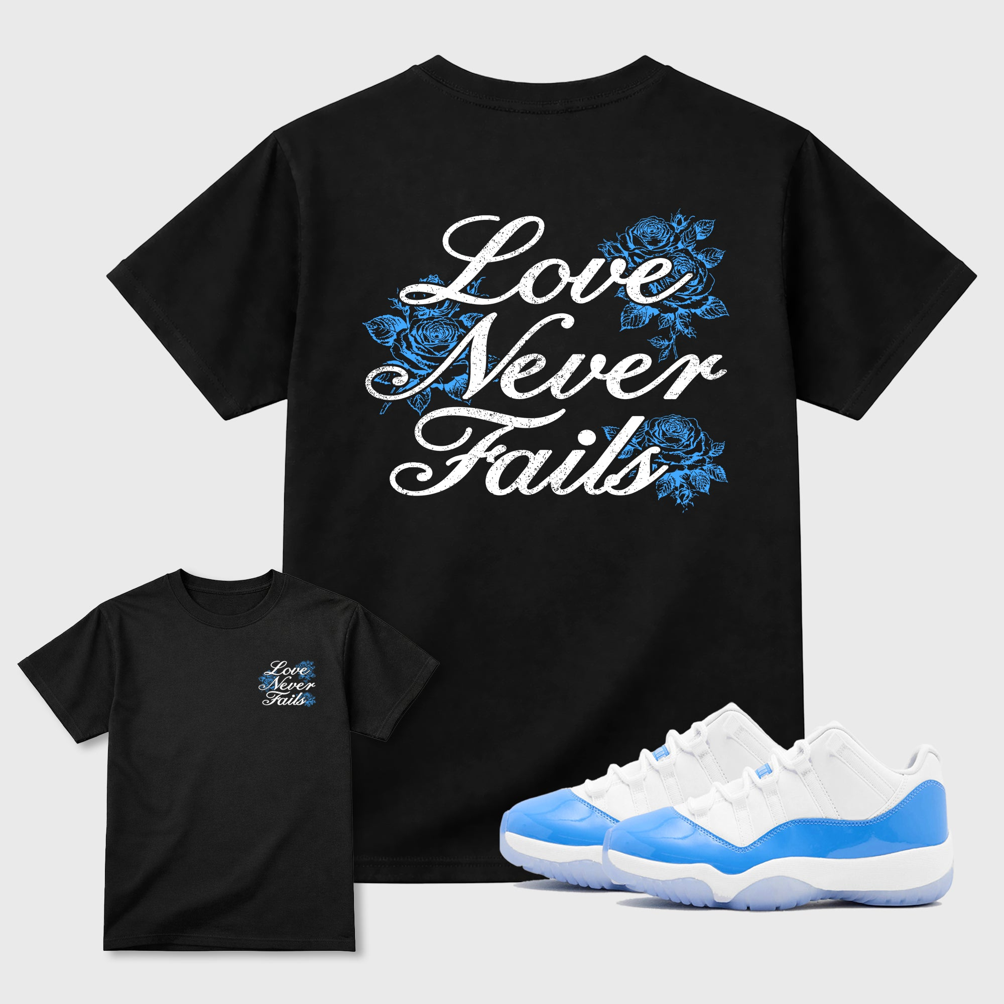 Love Never Fails Sneaker Tees - Air Jordan 11 University Blue