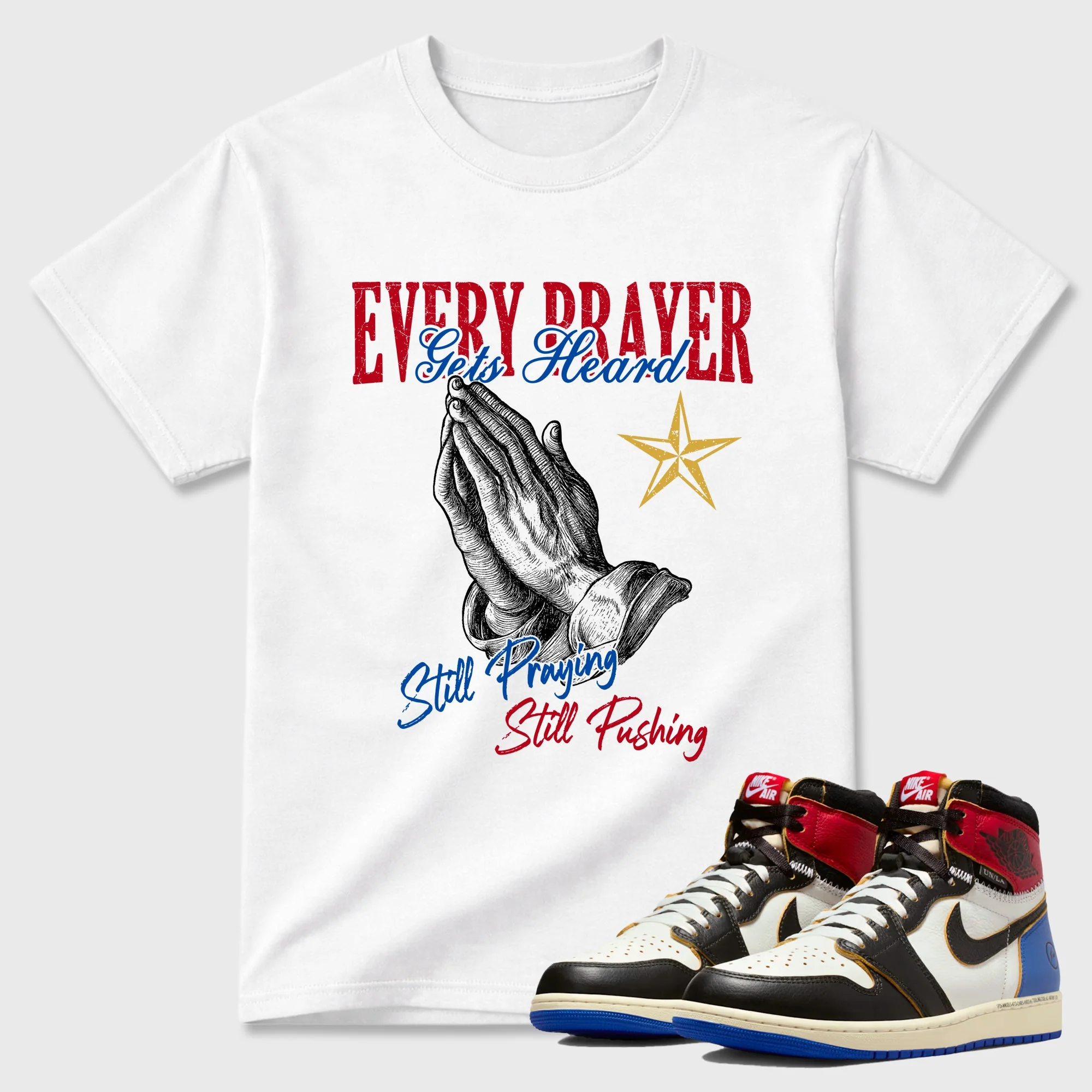 Every Prayer Gets Heard TEEWAVO Sneaker Tees - Air Jordan 1 Union x Fragment