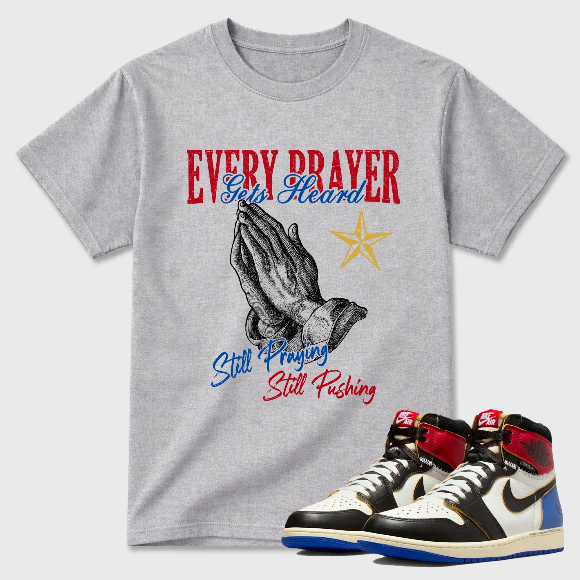 Every Prayer Gets Heard TEEWAVO Sneaker Tees - Air Jordan 1 Union x Fragment