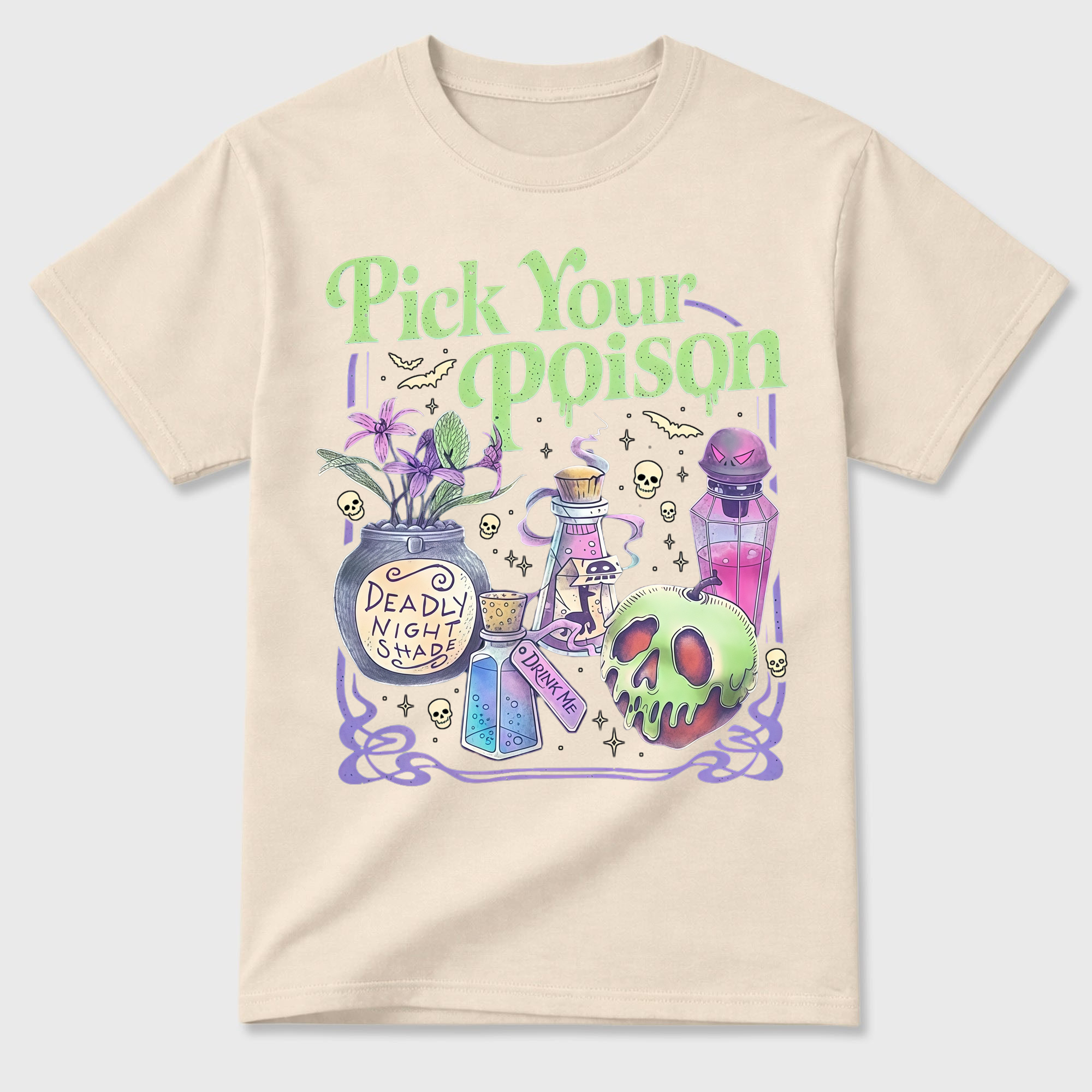 Witchy Potion Bottles Skull Apple T Shirt Pick Your Poison Halloween Tee