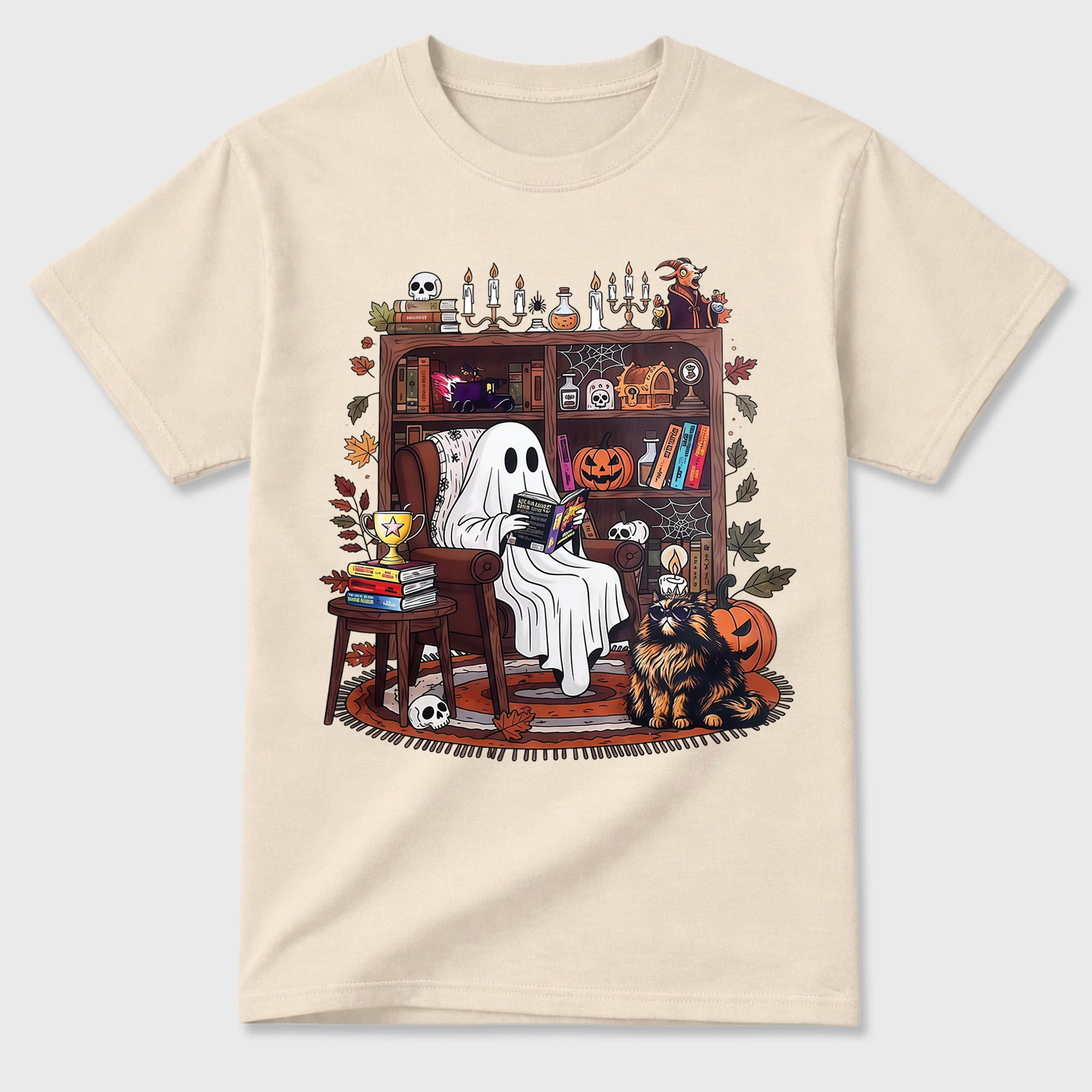 Cozy Reading Ghost With Cat And Bookshelf T Shirt Vintage Halloween Tee
