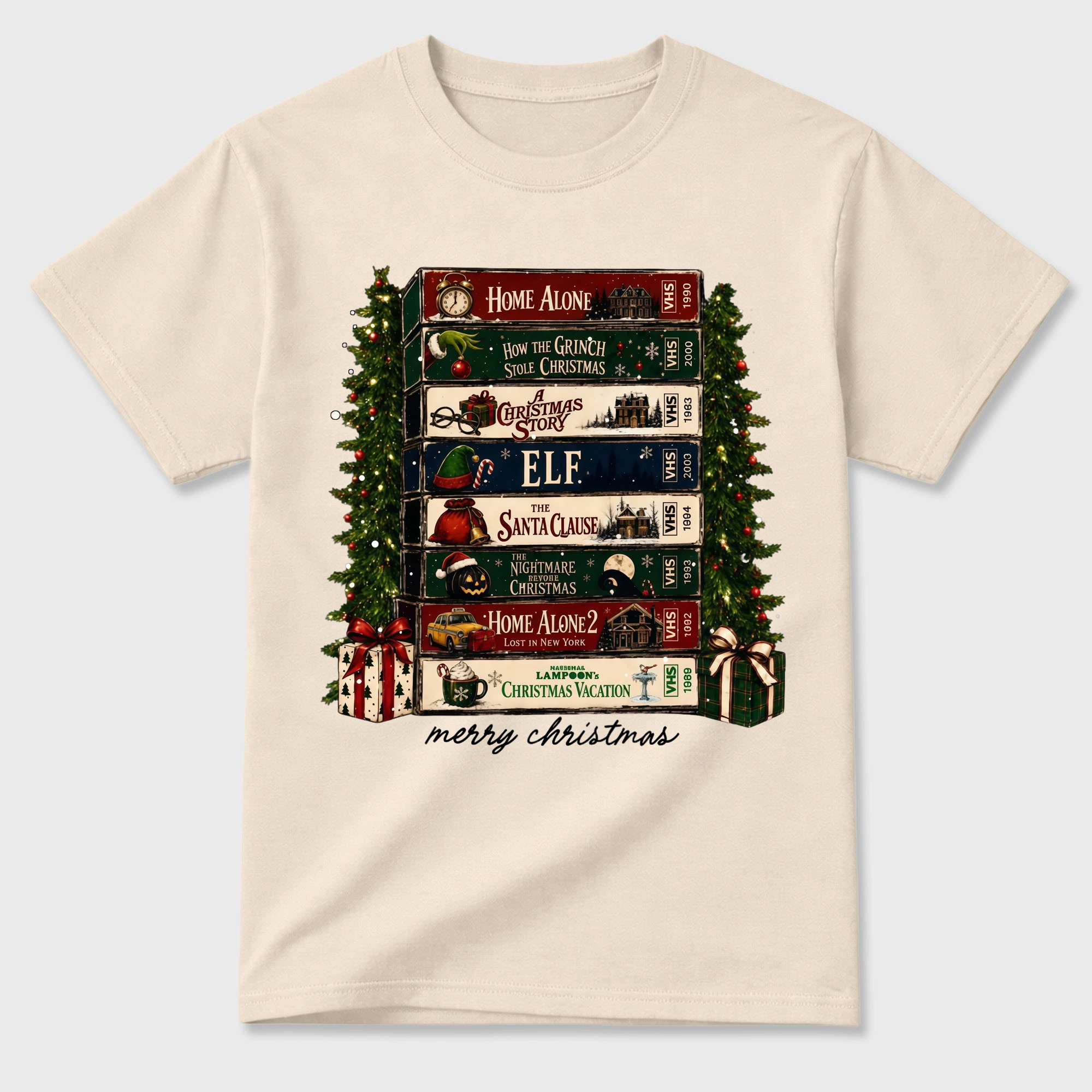 Vintage Christmas Retro Video Tape Stack T Shirt Merry Holiday Graphic Tee