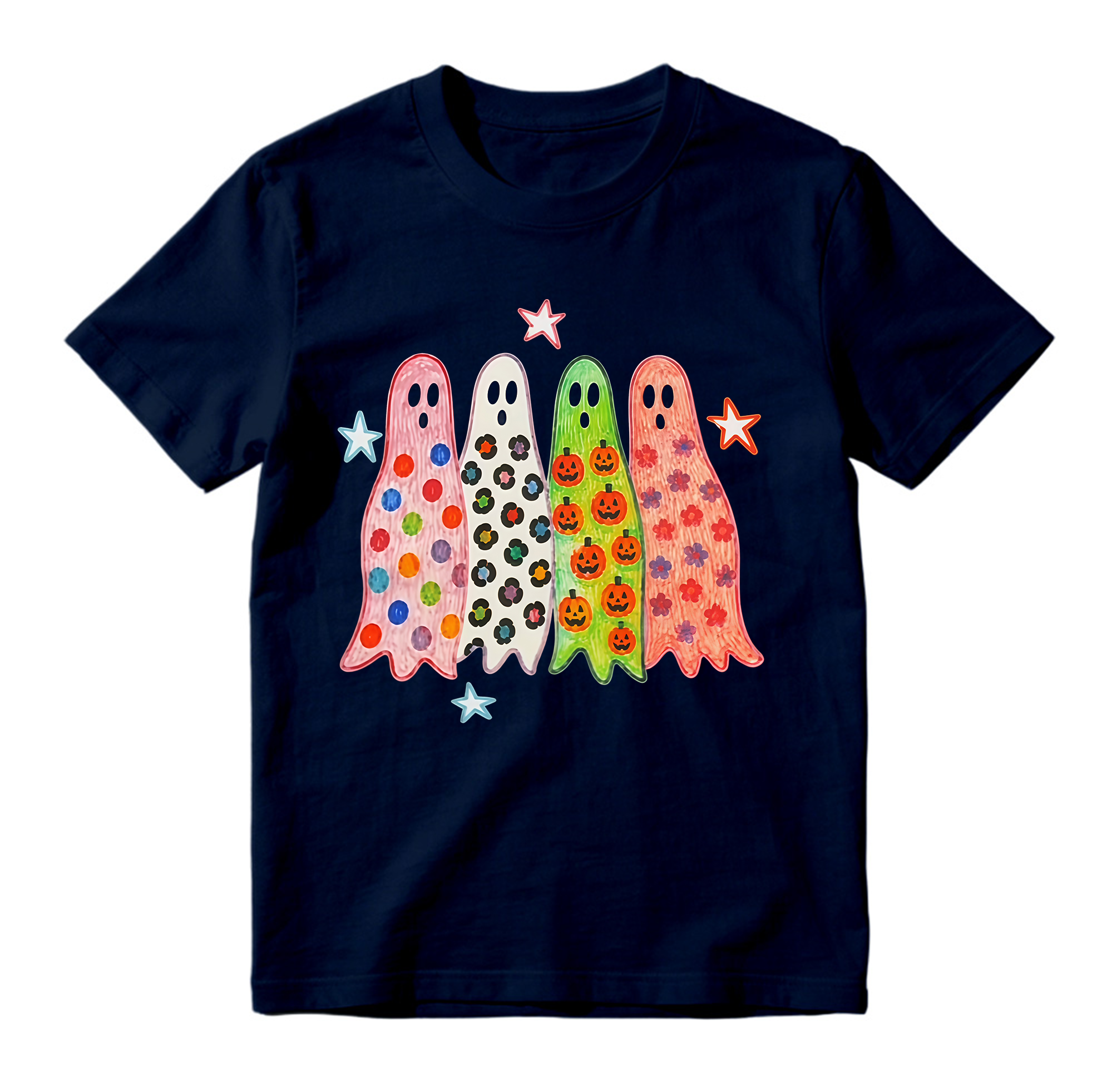 Colorful Patterned Ghosts T Shirt Cute Spooky Halloween Graphic Tee