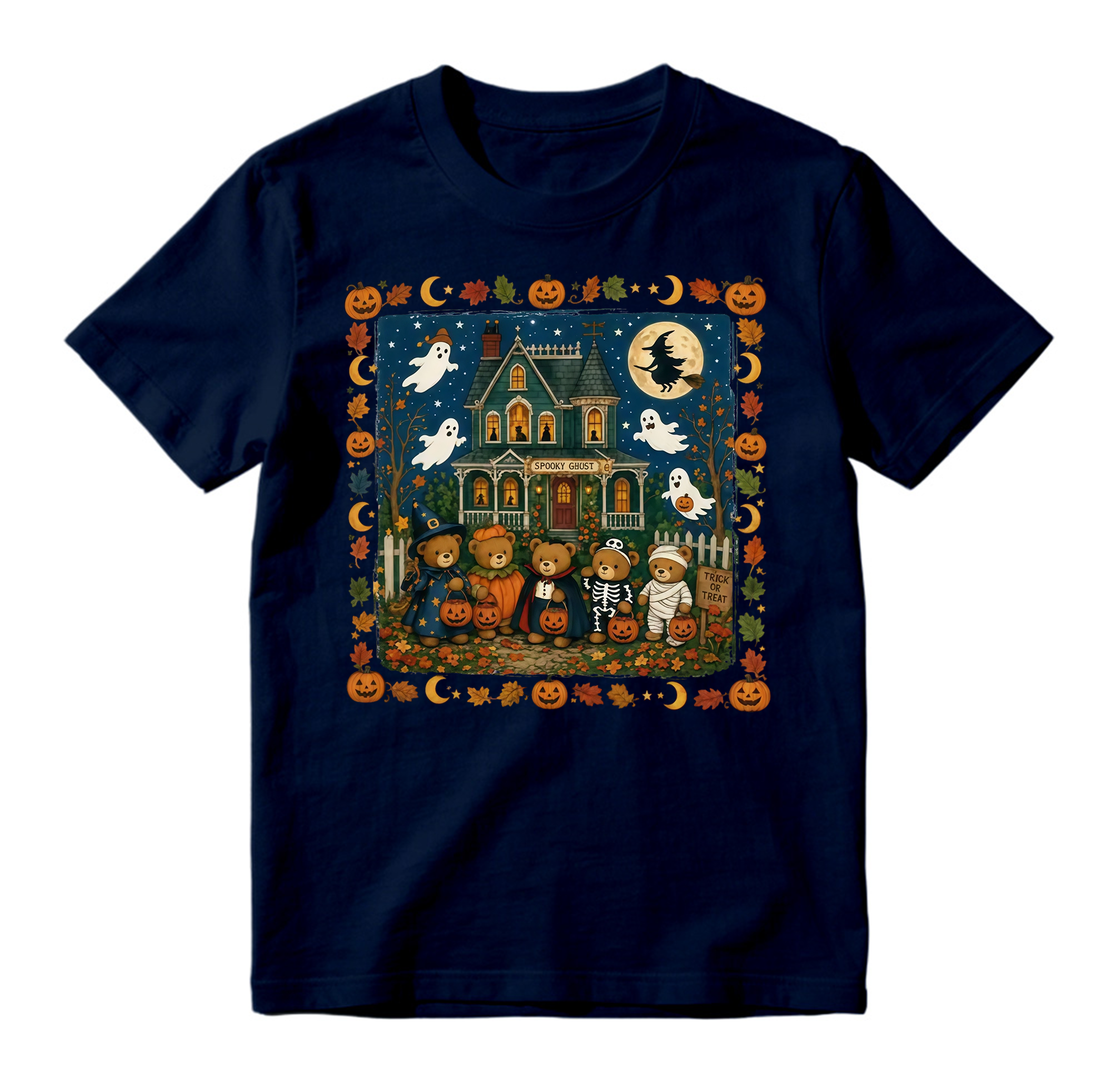 Vintage Halloween Trick Or Treat Teddy Bears T Shirt Spooky Haunted House Graphic Tee