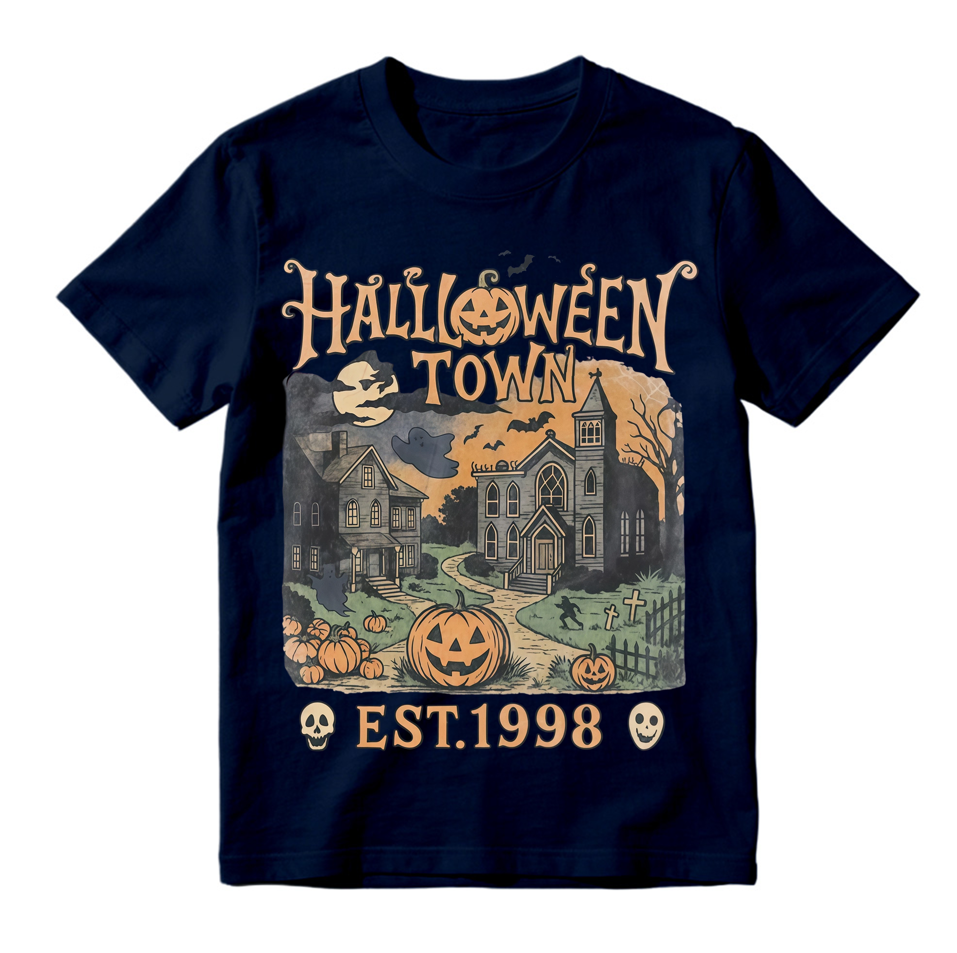 Vintage Halloween Haunted Town T Shirt Pumpkin Skull Ghost Bat Graphic Tee