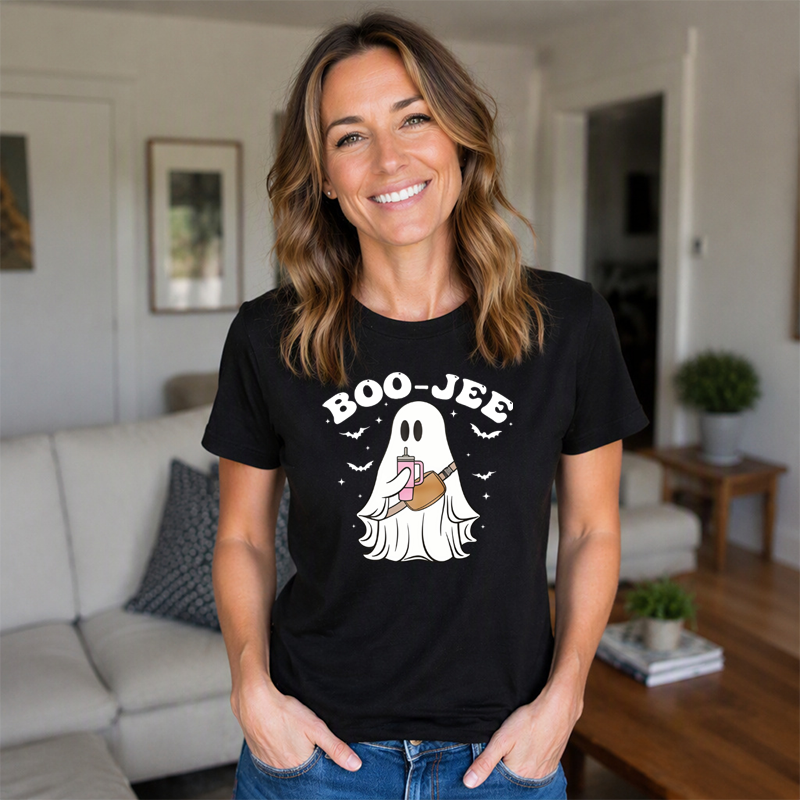 Cute Ghost Holding Bubble Tea Boo Jee Halloween Graphic T-shirt