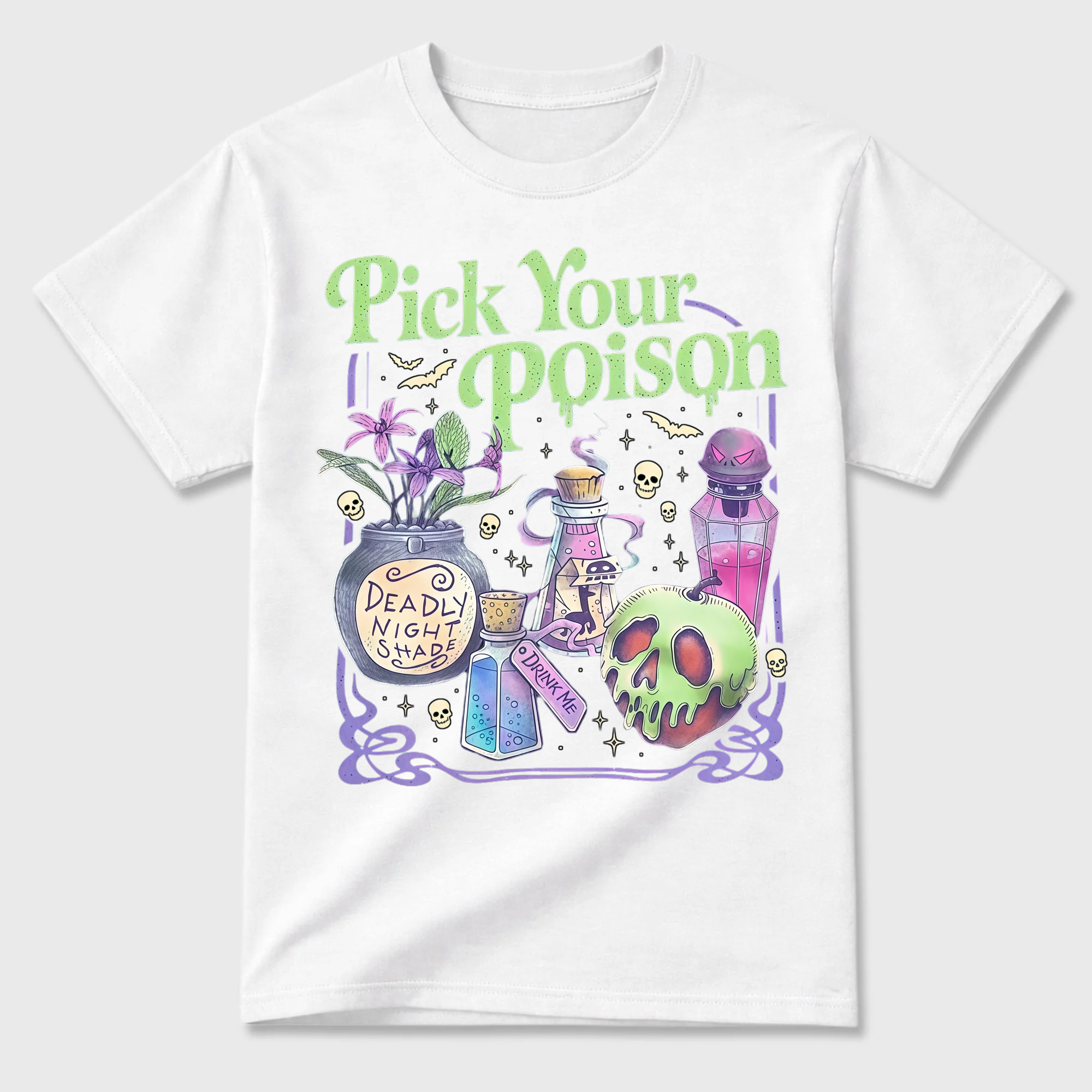 Witchy Potion Bottles Skull Apple T Shirt Pick Your Poison Halloween Tee