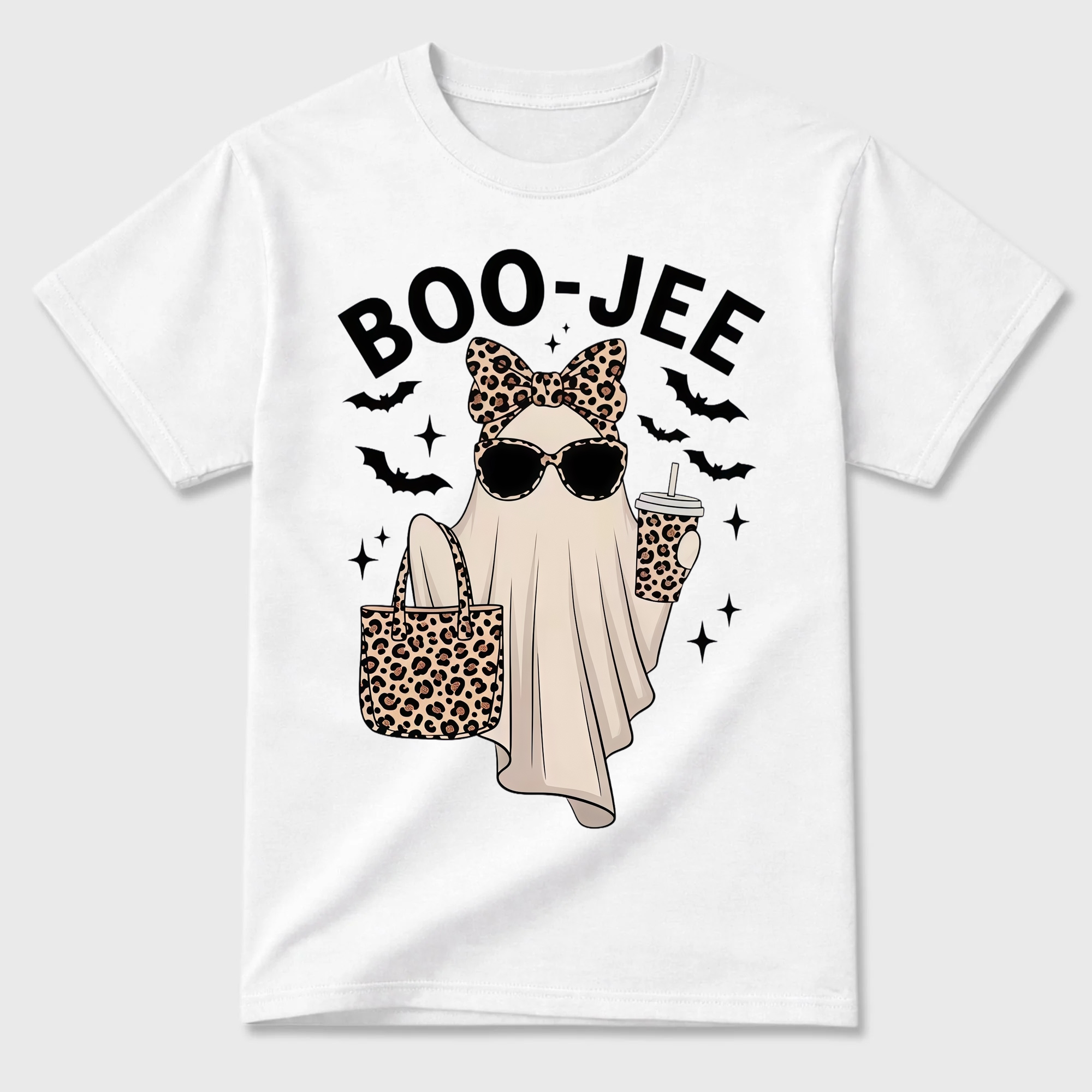 Boo Jee Leopard Print Ghost T Shirt Spooky Cute Halloween Graphic Tee