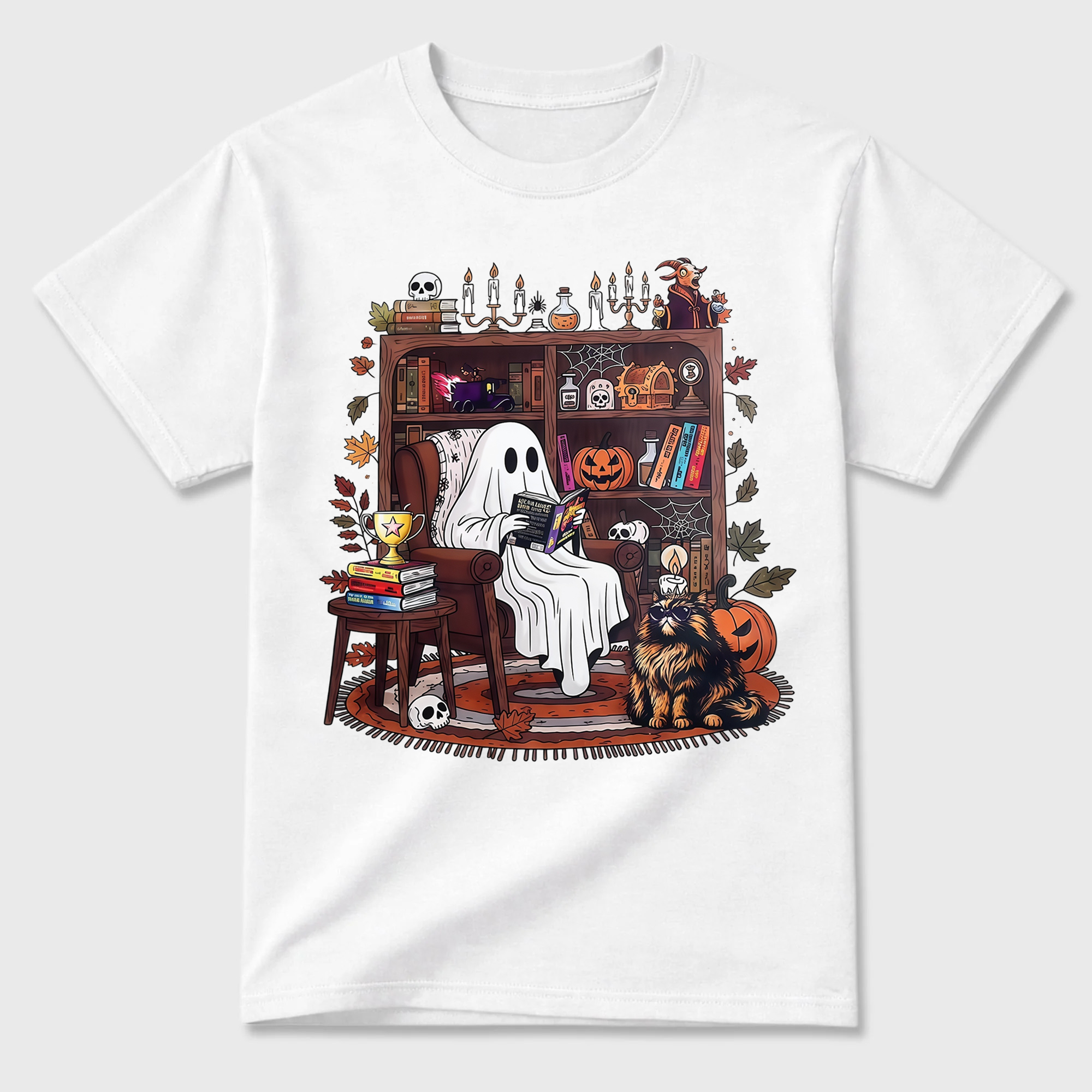 Cozy Reading Ghost With Cat And Bookshelf T Shirt Vintage Halloween Tee