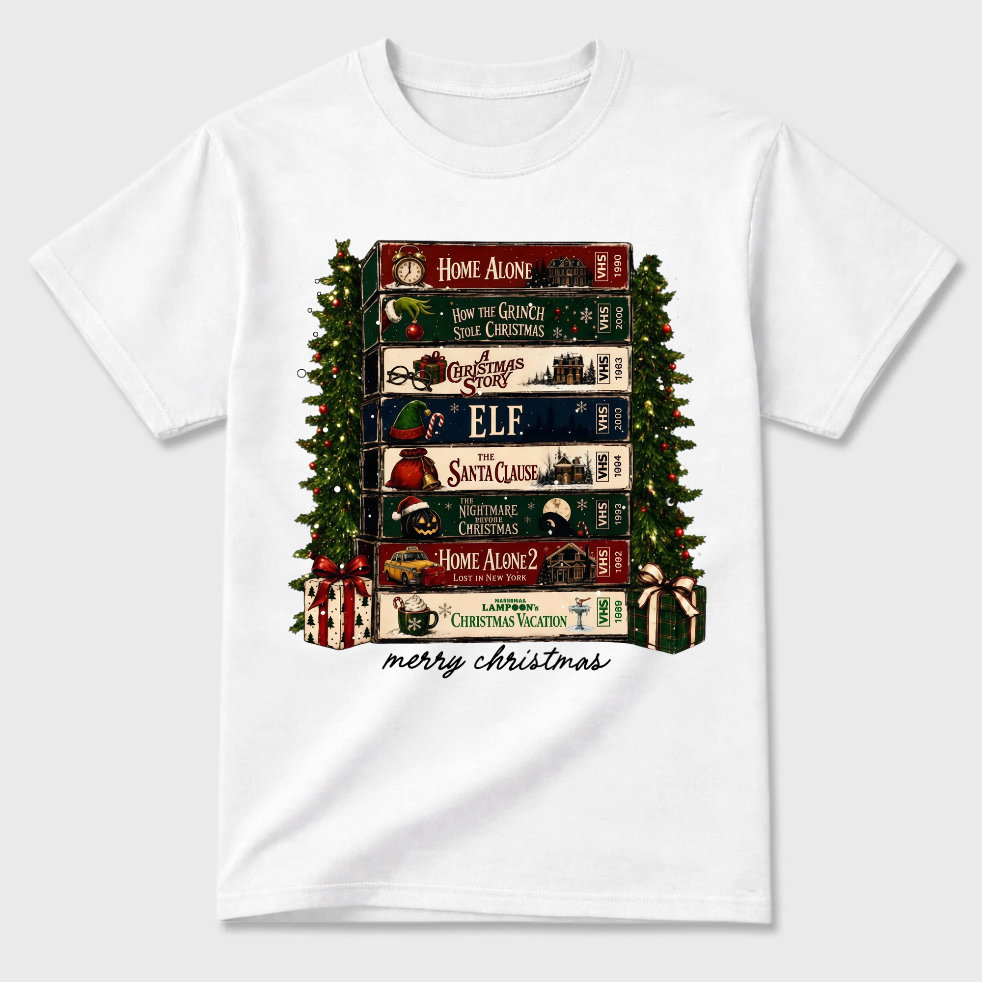 Vintage Christmas Retro Video Tape Stack T Shirt Merry Holiday Graphic Tee