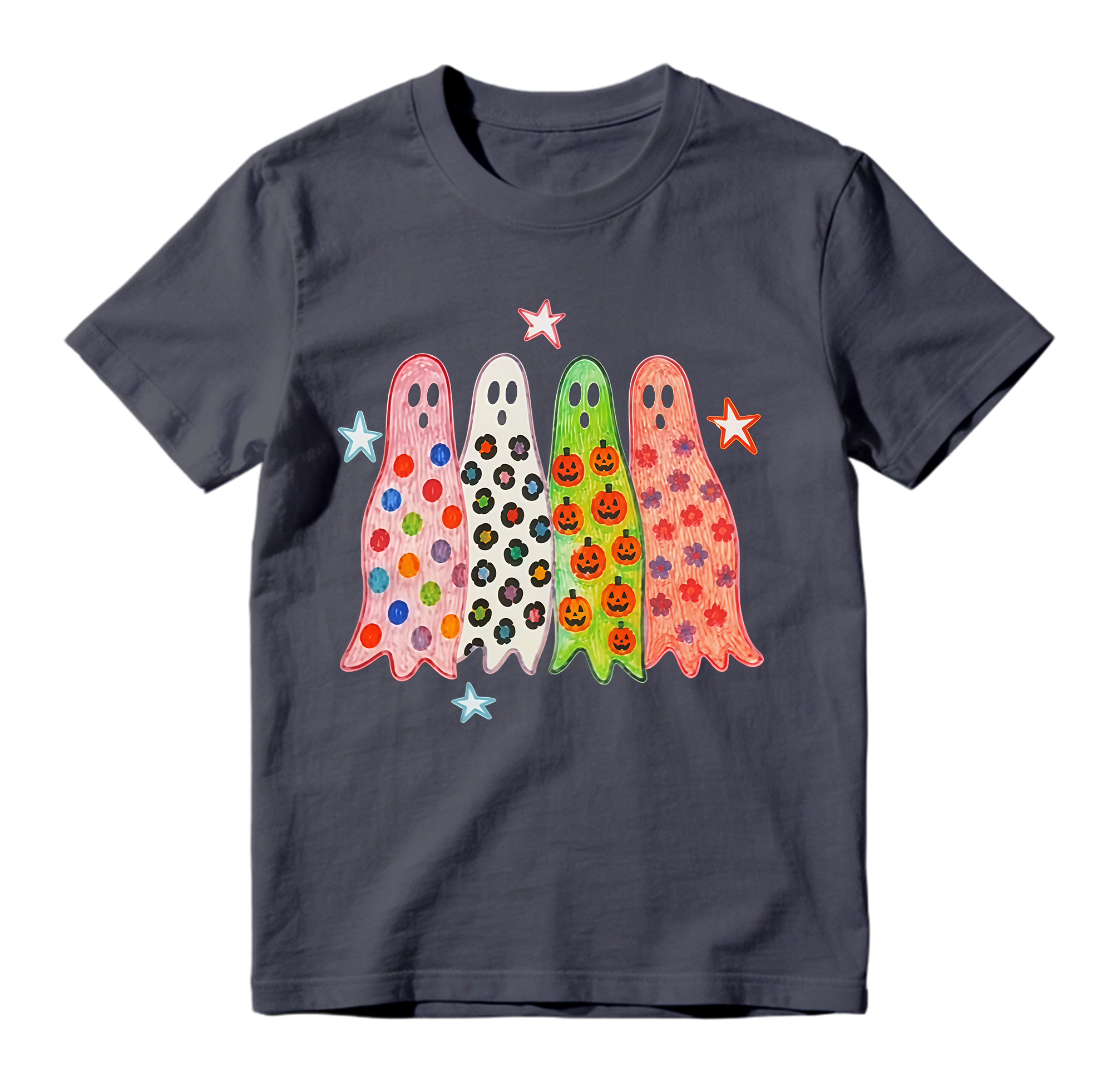 Colorful Patterned Ghosts T Shirt Cute Spooky Halloween Graphic Tee